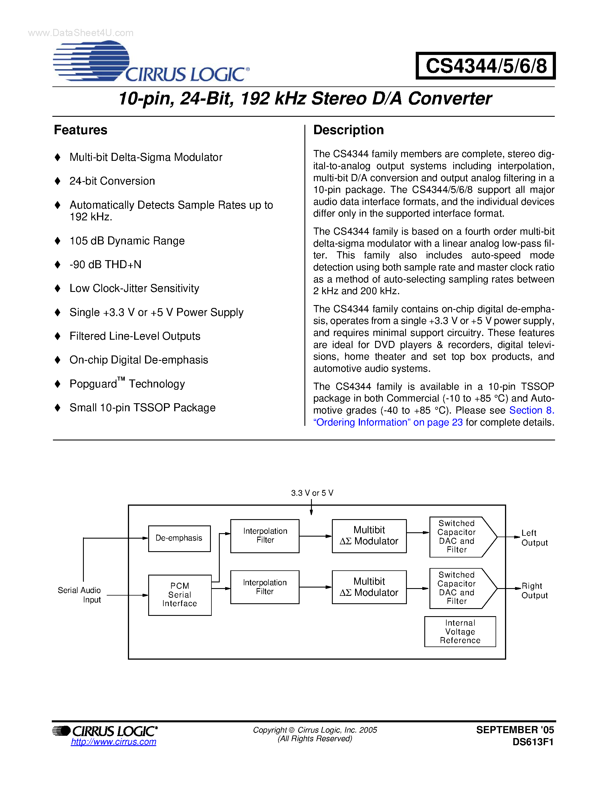 Даташит на микросхему CS4344 страница 1 Даташит CS4344 - (CS4344 - CS4348) 192KHz STEREO D/A CONVERTER страница 1