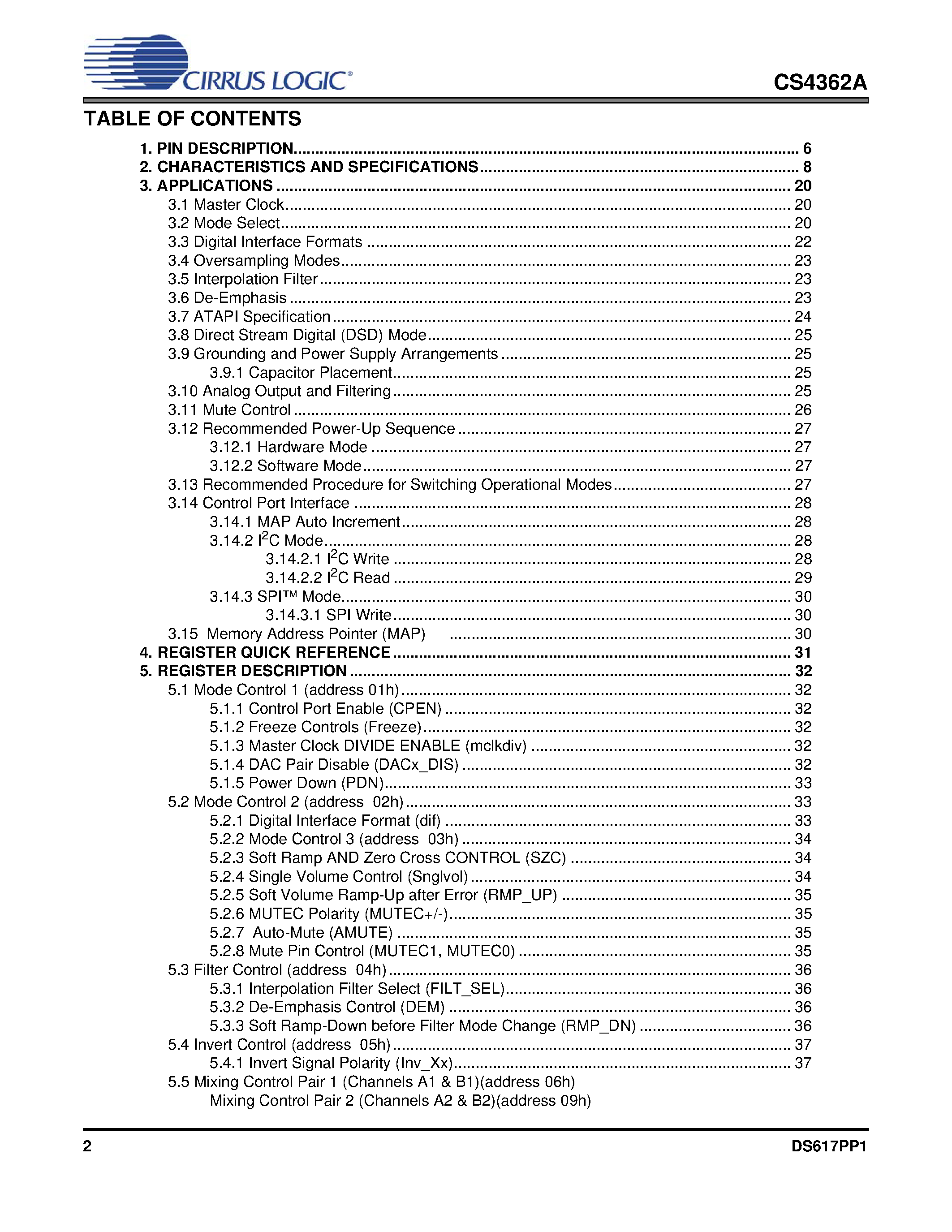 Datasheet CS4362A - 192 kHz 6-channel D/A Converter page 2
