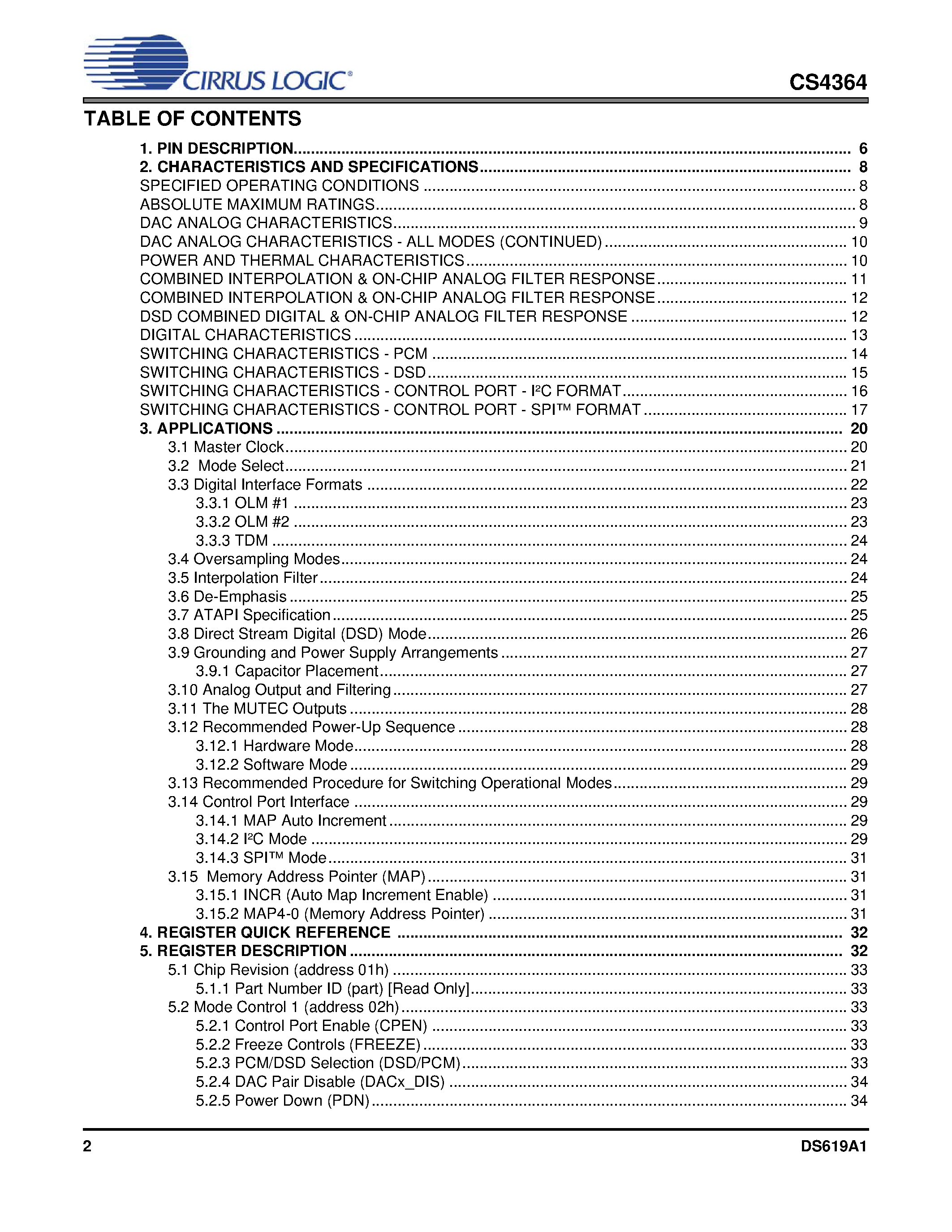 Datasheet CS4364 - 192 kHz 6-Channel D/A Converter page 2
