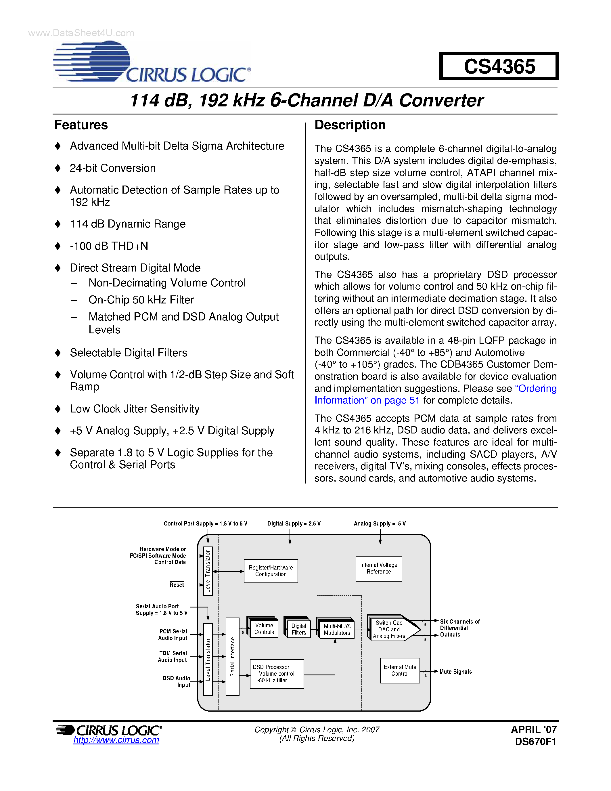 Datasheet CS4365 - 192 kHz 6-Channel D/A Converter page 1