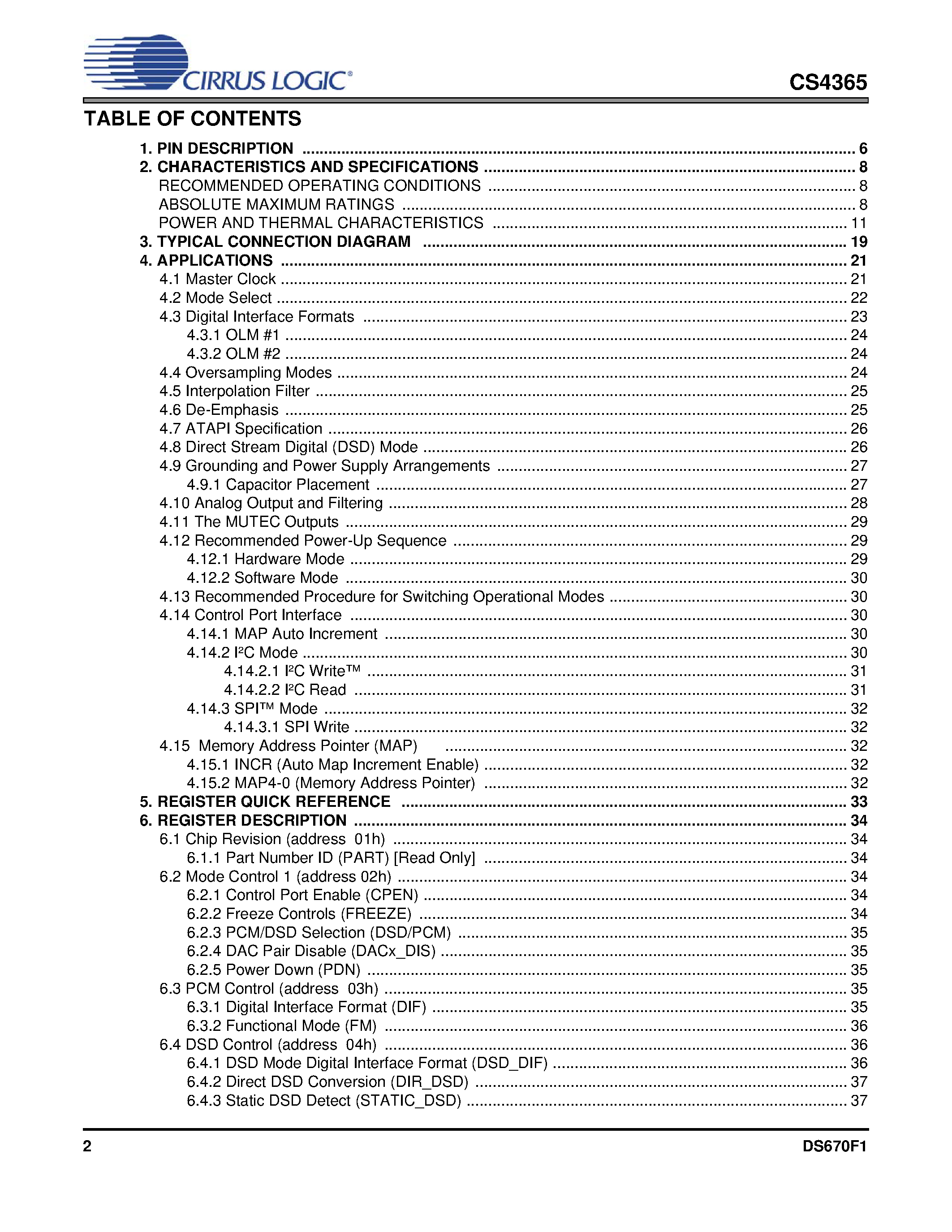 Datasheet CS4365 - 192 kHz 6-Channel D/A Converter page 2