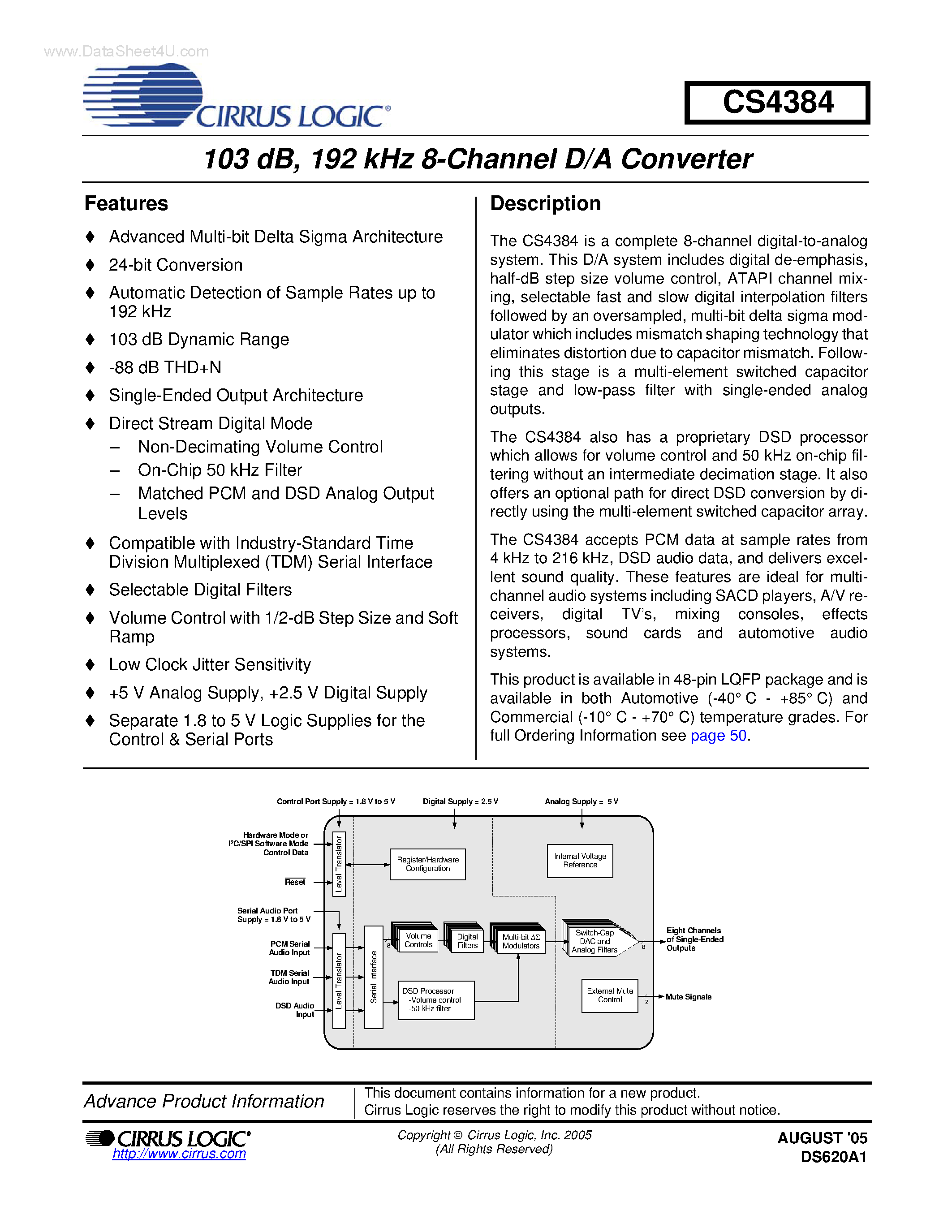 Даташит на микросхему CS4384 страница 1 Даташит CS4384 - 192 kHz 8-Channel D/A Converter страница 1