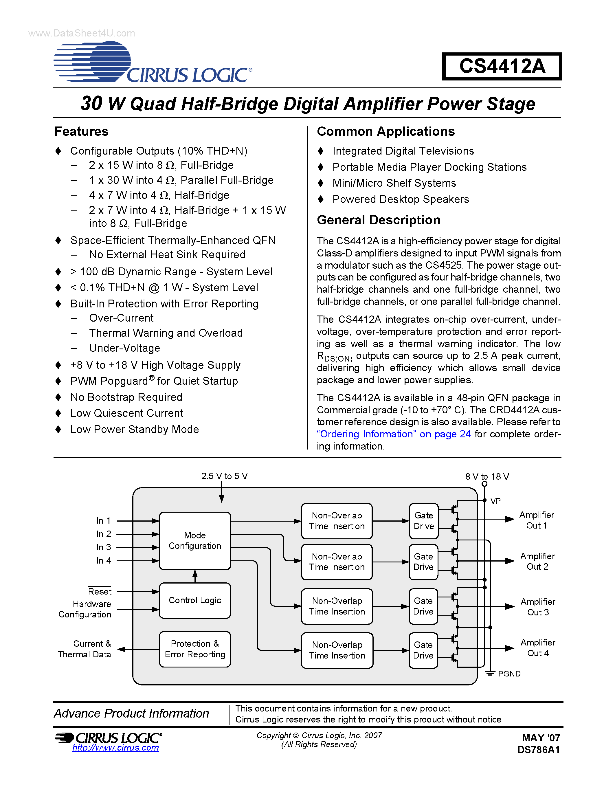 Datasheet CS4412A - Quad Half-Bridge Digital Amplifier Power Stage page 1
