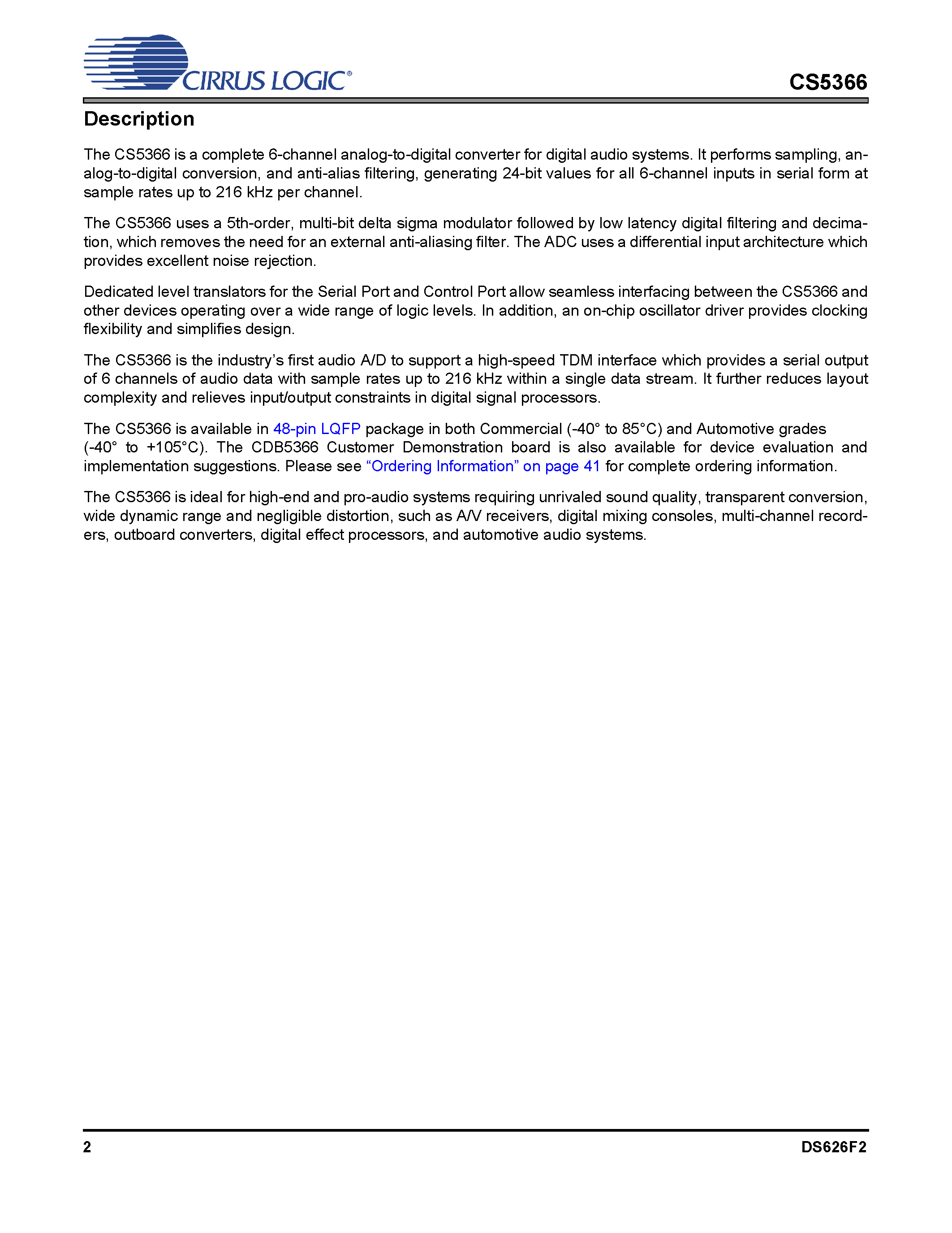 Datasheet CS5366 - 6-Channel A/D Converter page 2