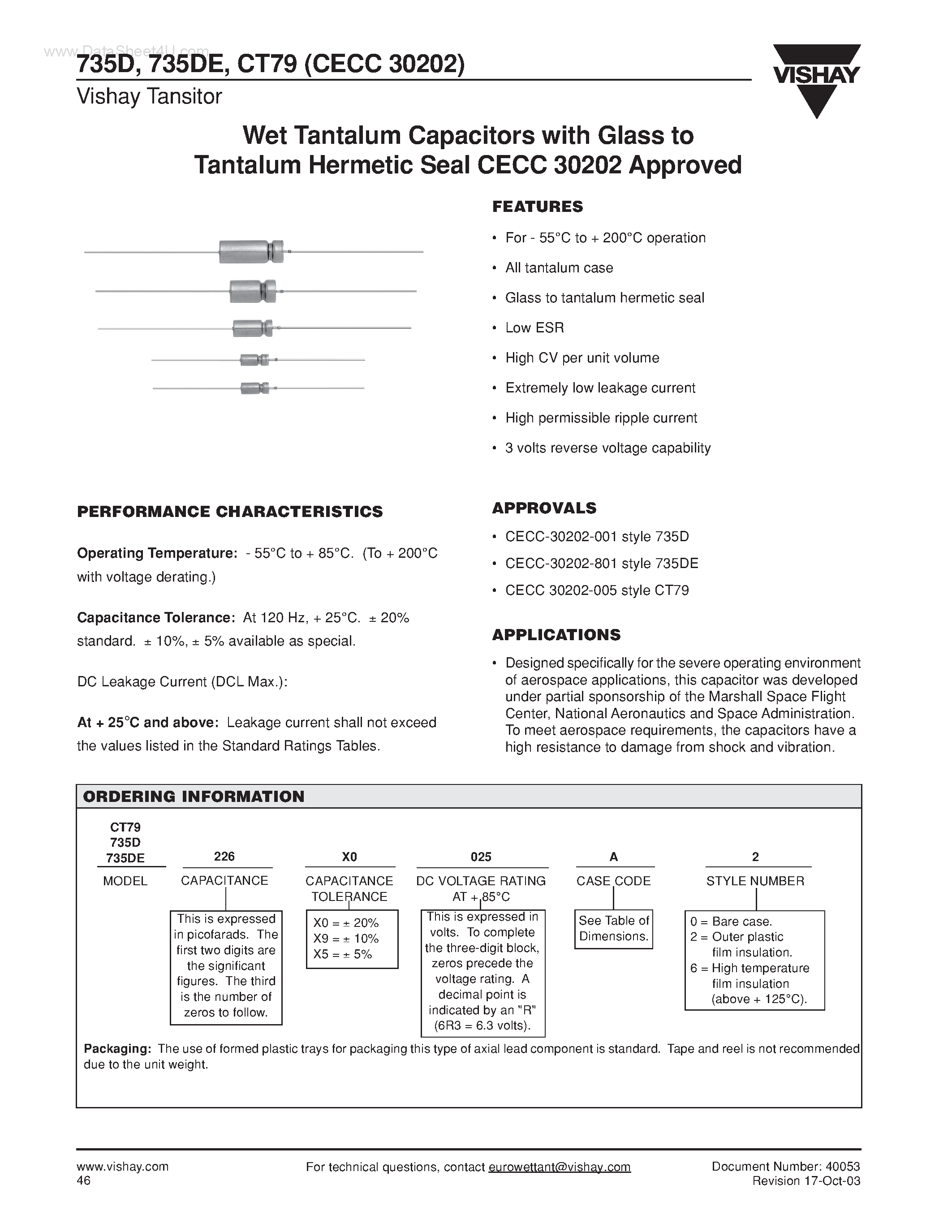 Datasheet CT79 page 1 Datasheet CT79 - Wet Tantalum Capacitors page 1
