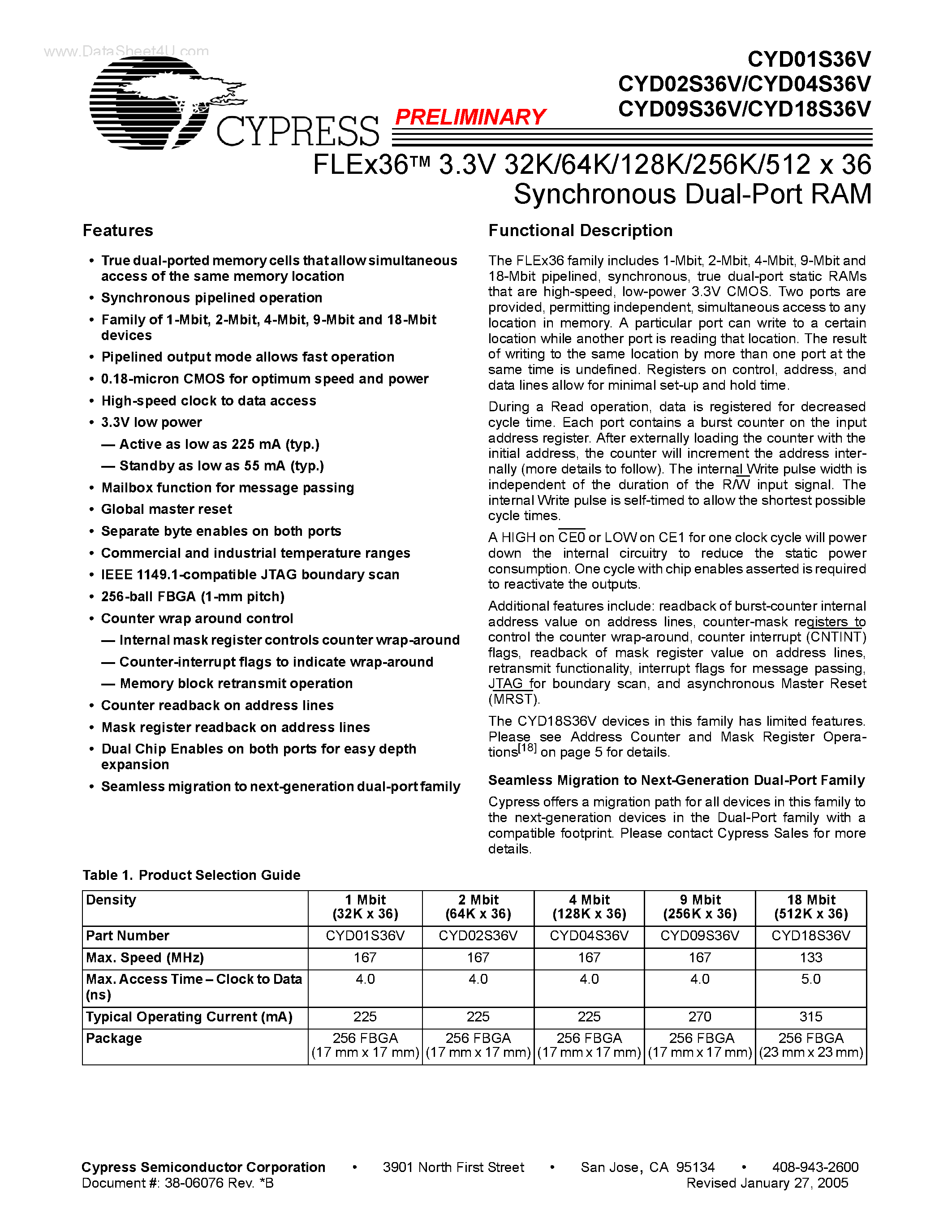 Datasheet CYD01S36V page 1 Datasheet CYD01S36V - (CYDxxS36V) FLEx36 3.3V 32K/64K/128K/256K/512 x 36 Synchronous Dual-Port RAM page 1