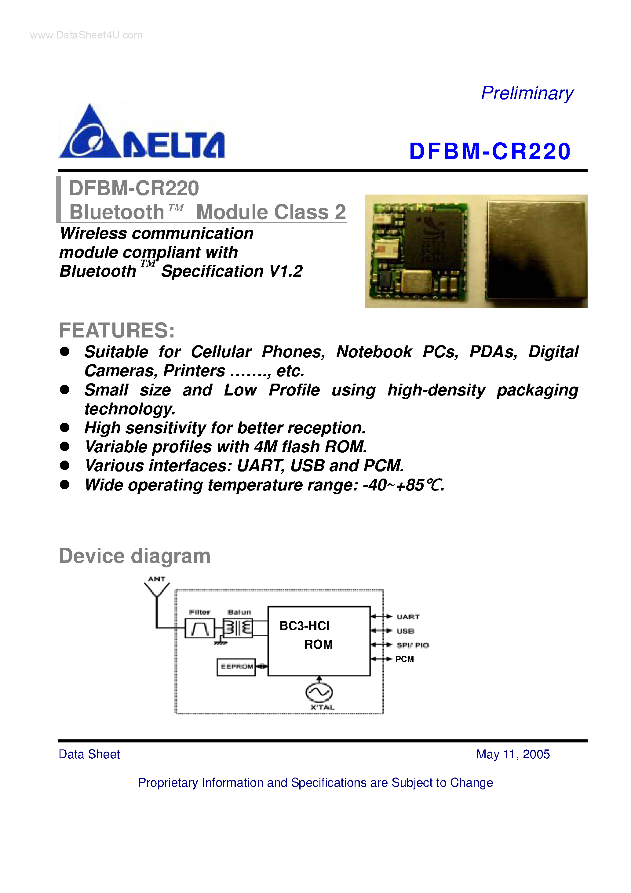 Даташит DFBM-CR220 - Bluetooth Module Class 2 Wireless communication module compliant страница 1