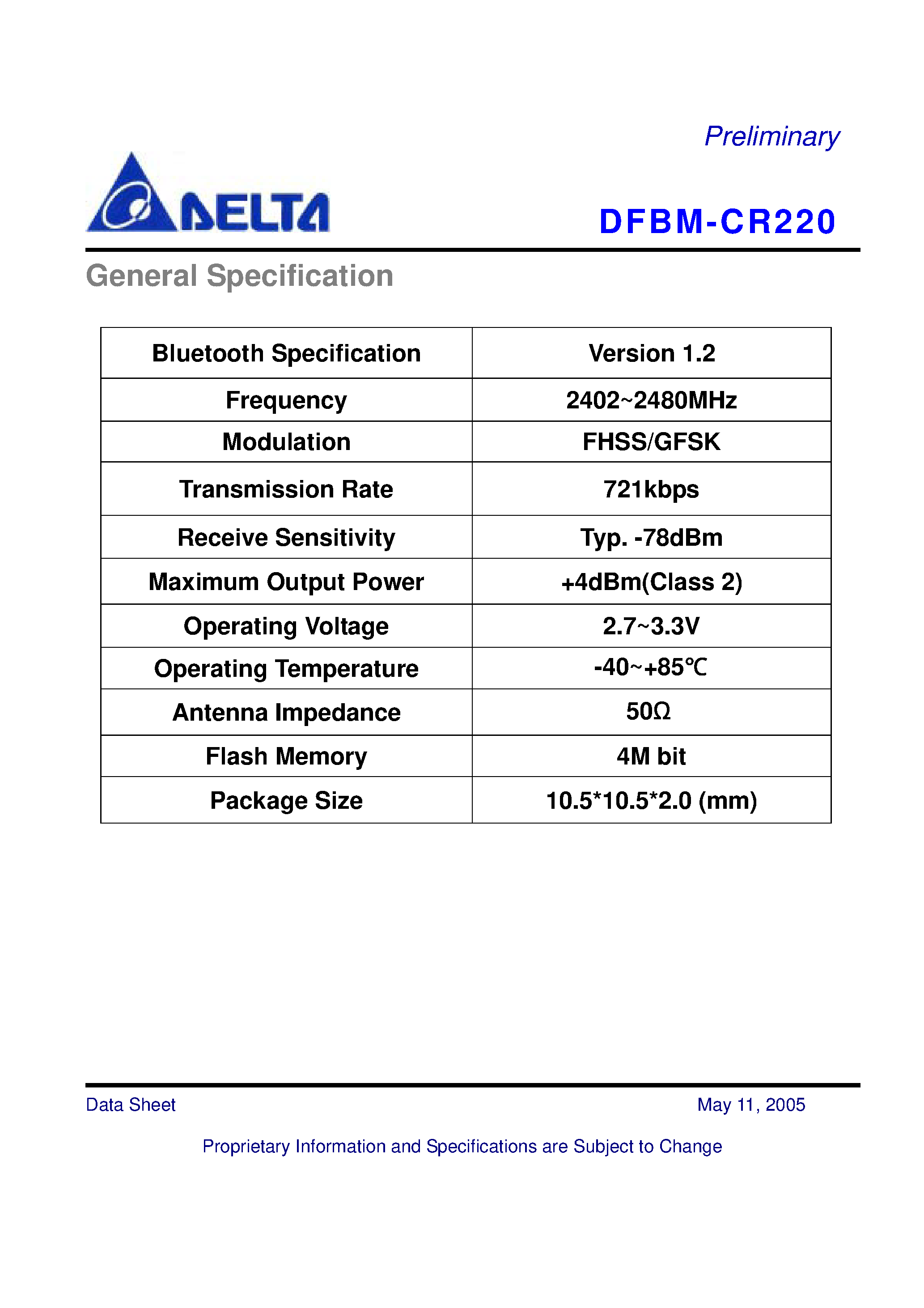 Даташит DFBM-CR220 - Bluetooth Module Class 2 Wireless communication module compliant страница 2