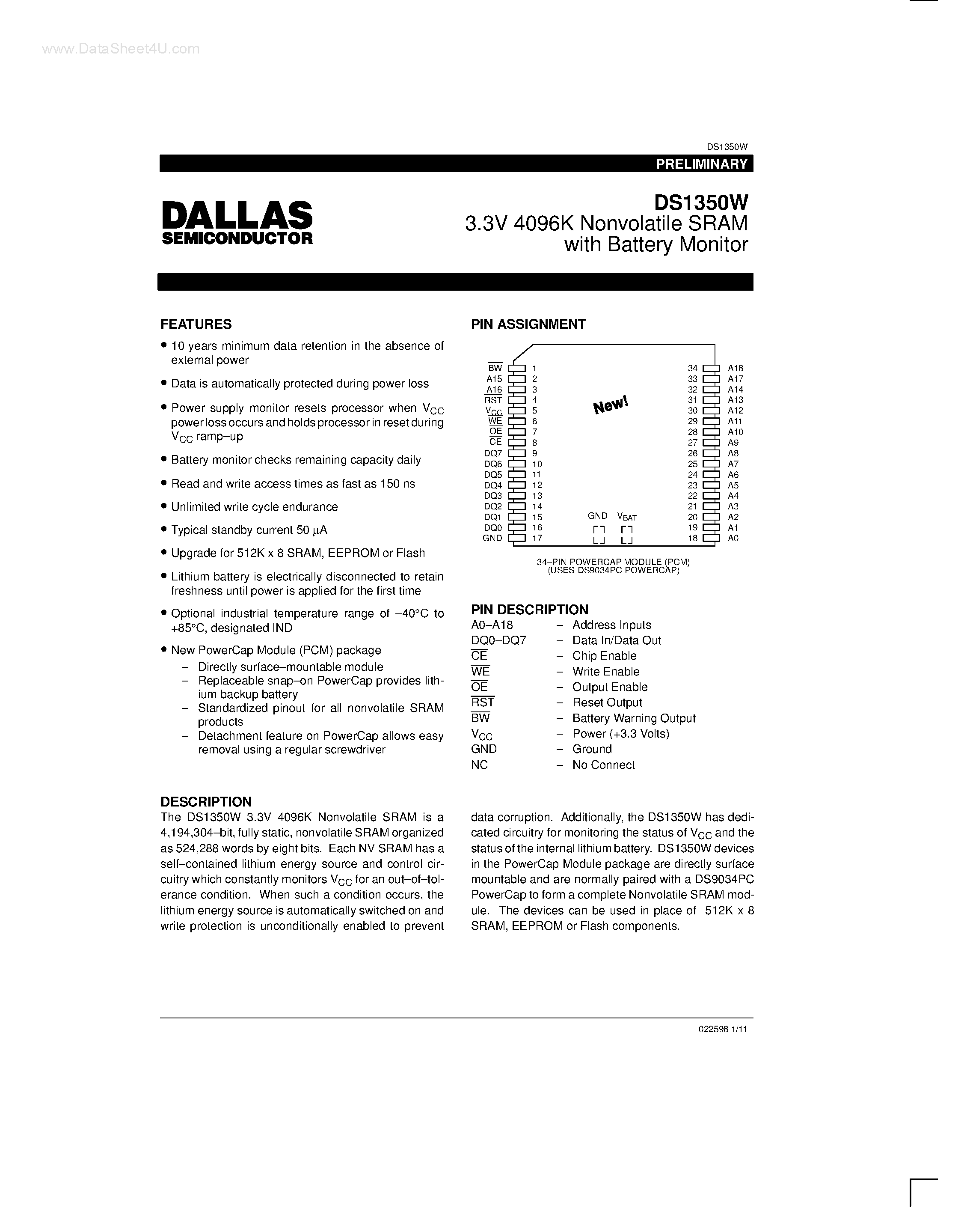 Datasheet DS1350W - 3.3V 4096K Nonvolatile SRAM page 1