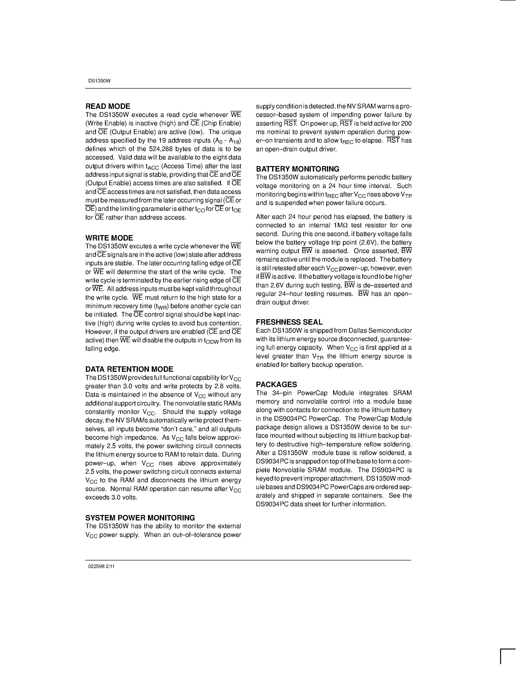 Datasheet DS1350W - 3.3V 4096K Nonvolatile SRAM page 2