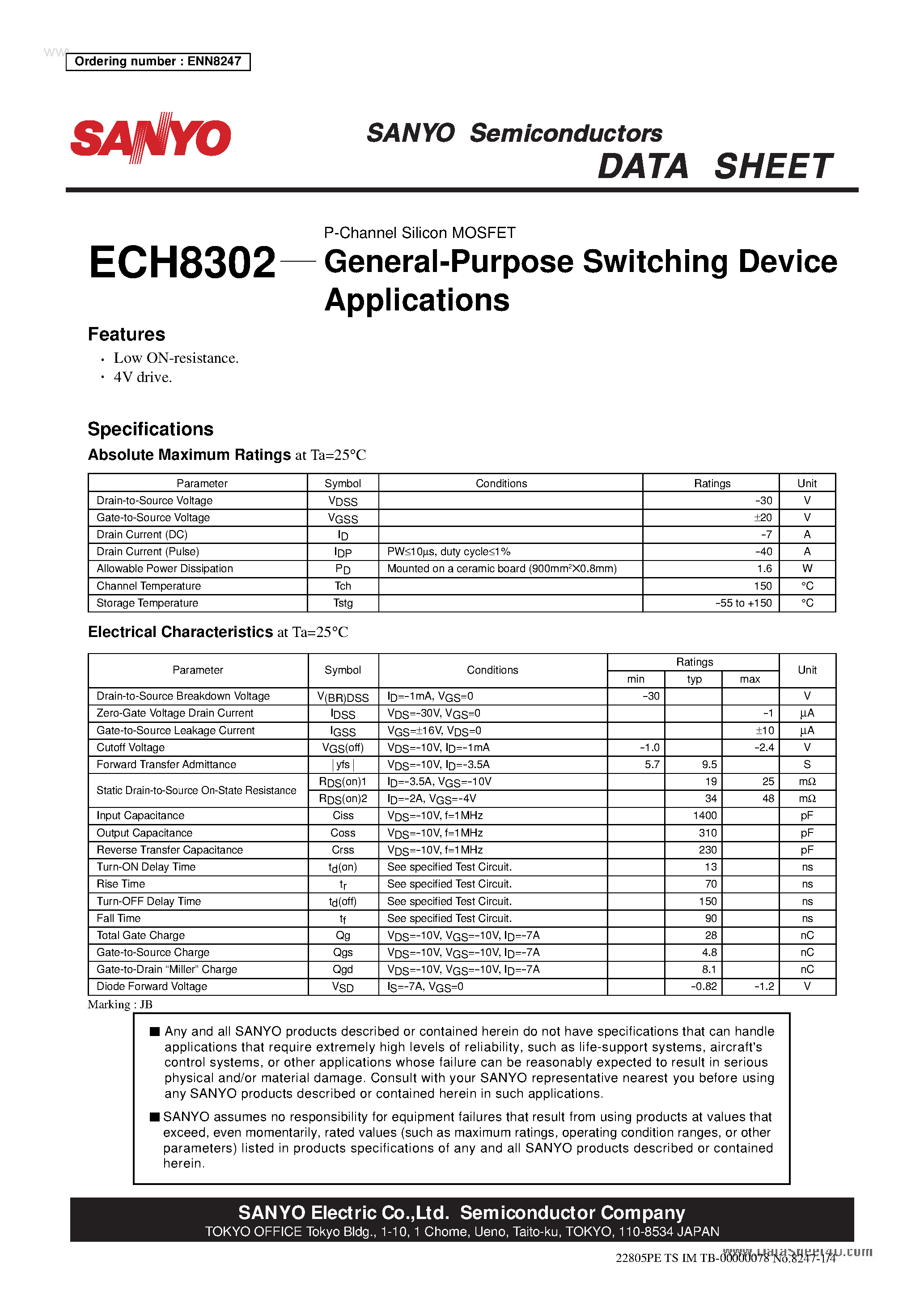 Datasheet ECH8302 - P-Channel Silicon MOSFET page 1