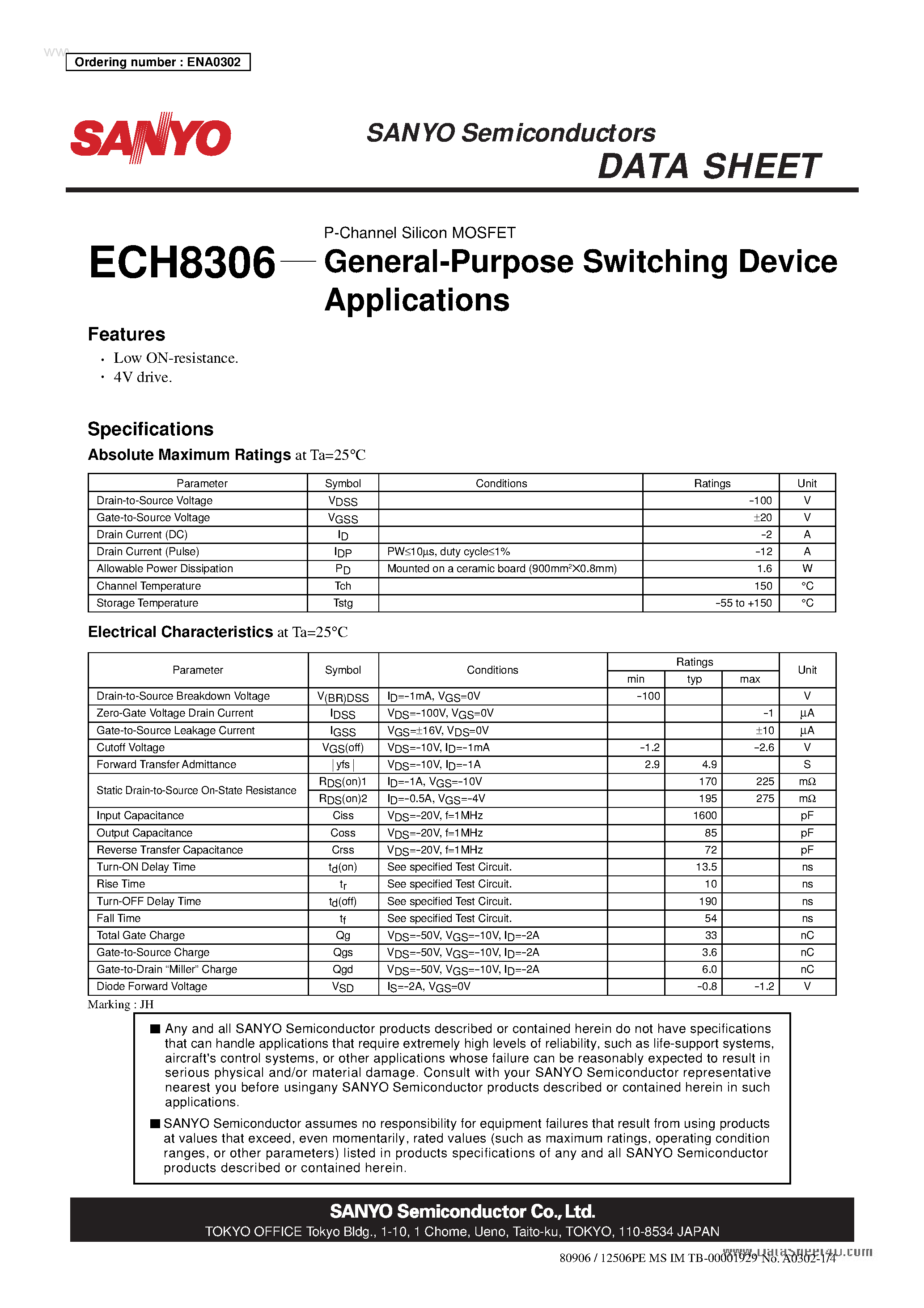 Datasheet ECH8306 page 1 Datasheet ECH8306 - P-Channel Silicon MOSFET page 1