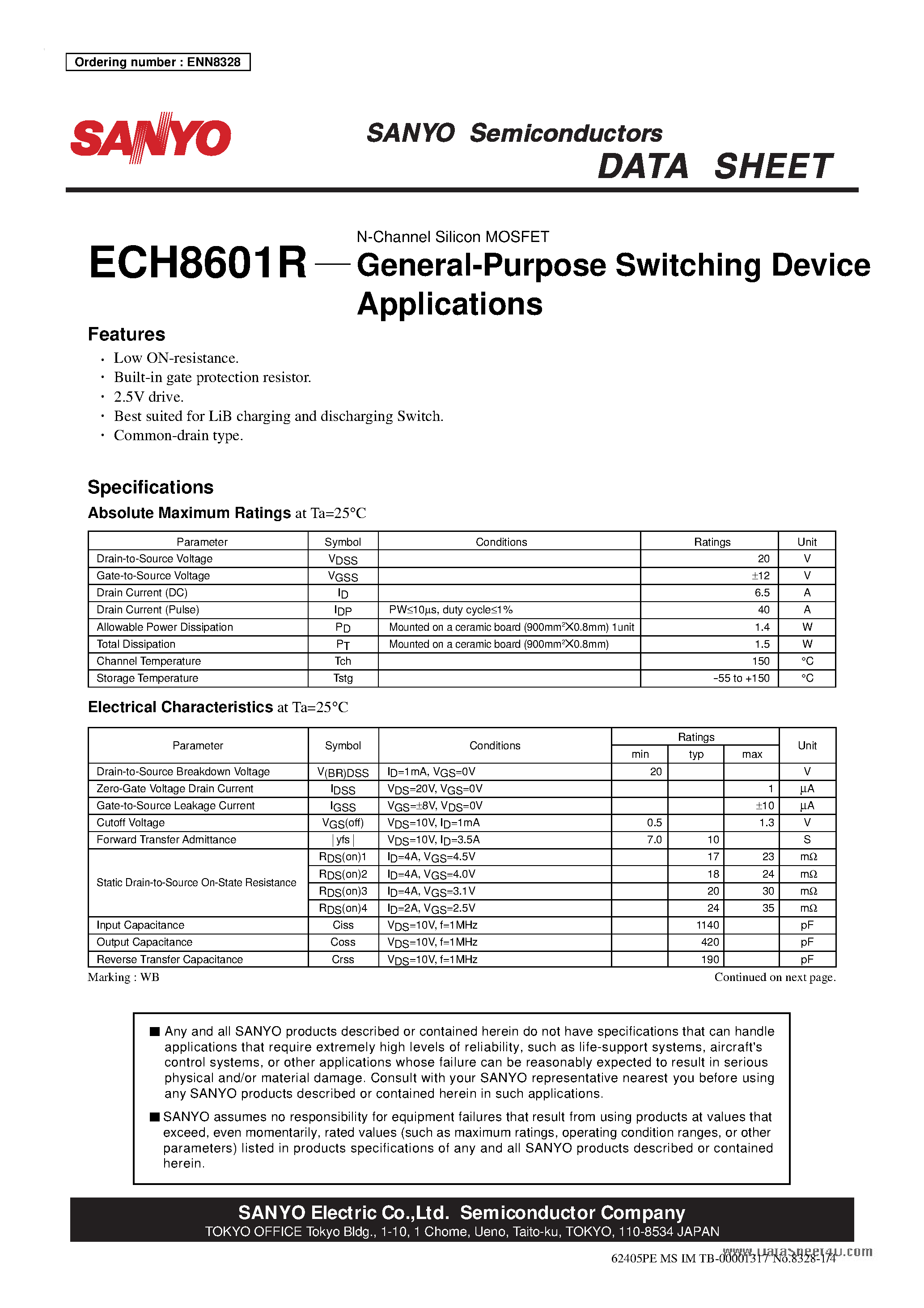 Datasheet ECH8601R - N-Channel Silicon MOSFET page 1