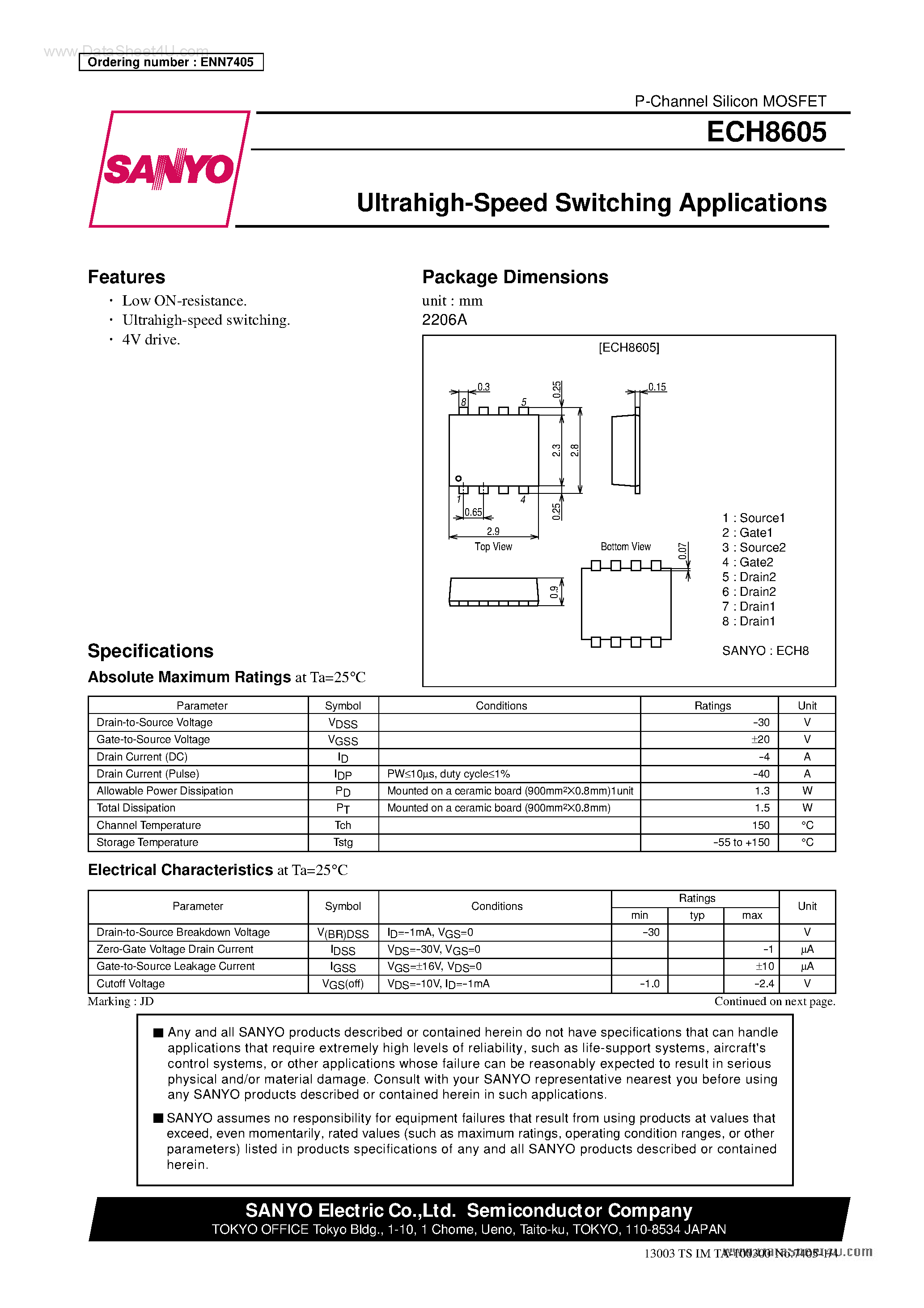 Даташит на микросхему ECH8605 страница 1 Даташит ECH8605 - Ultrahigh Speed Switching Applications страница 1