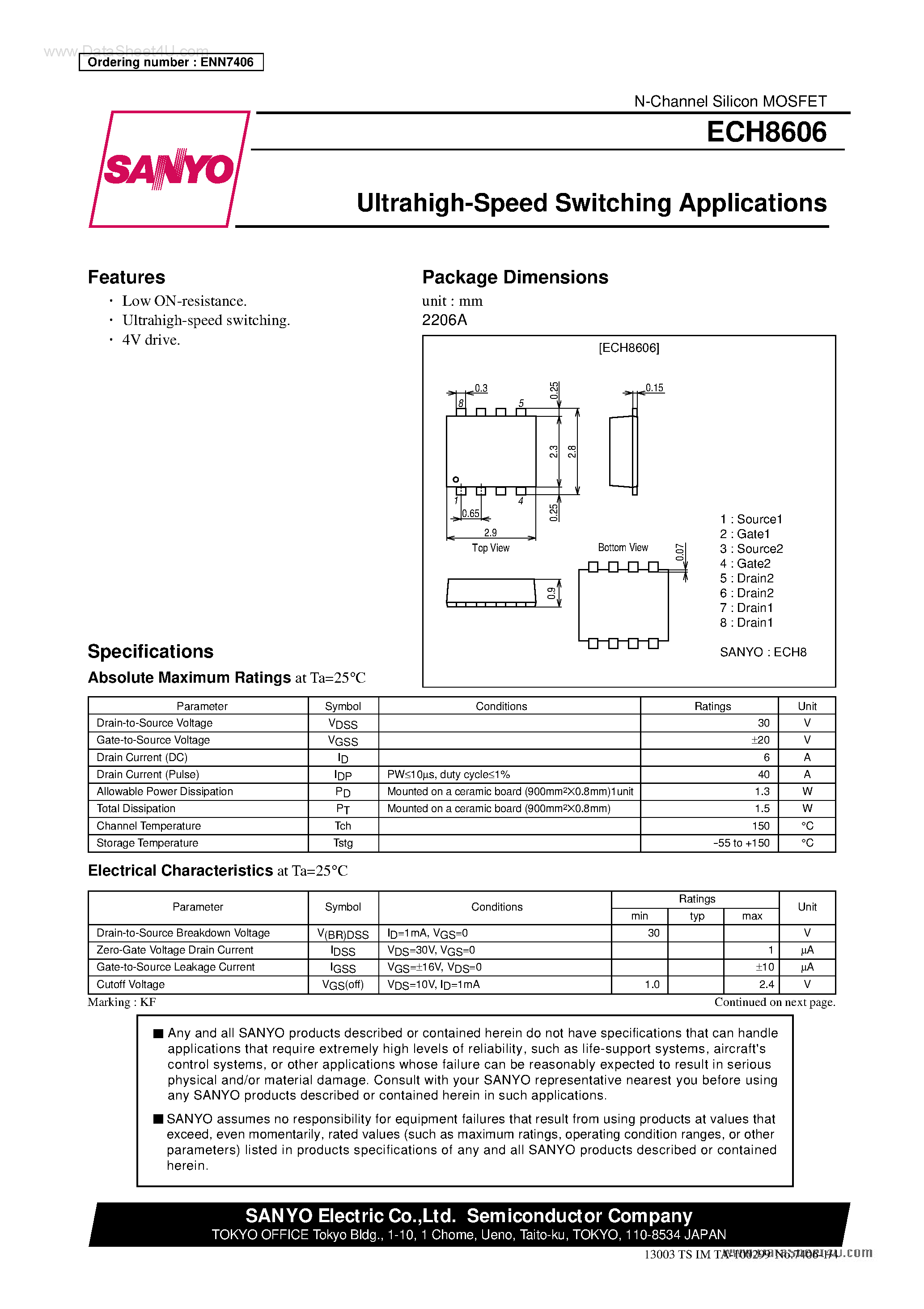 Даташит на микросхему ECH8606 страница 1 Даташит ECH8606 - Ultrahigh-Speed Switching Applications страница 1