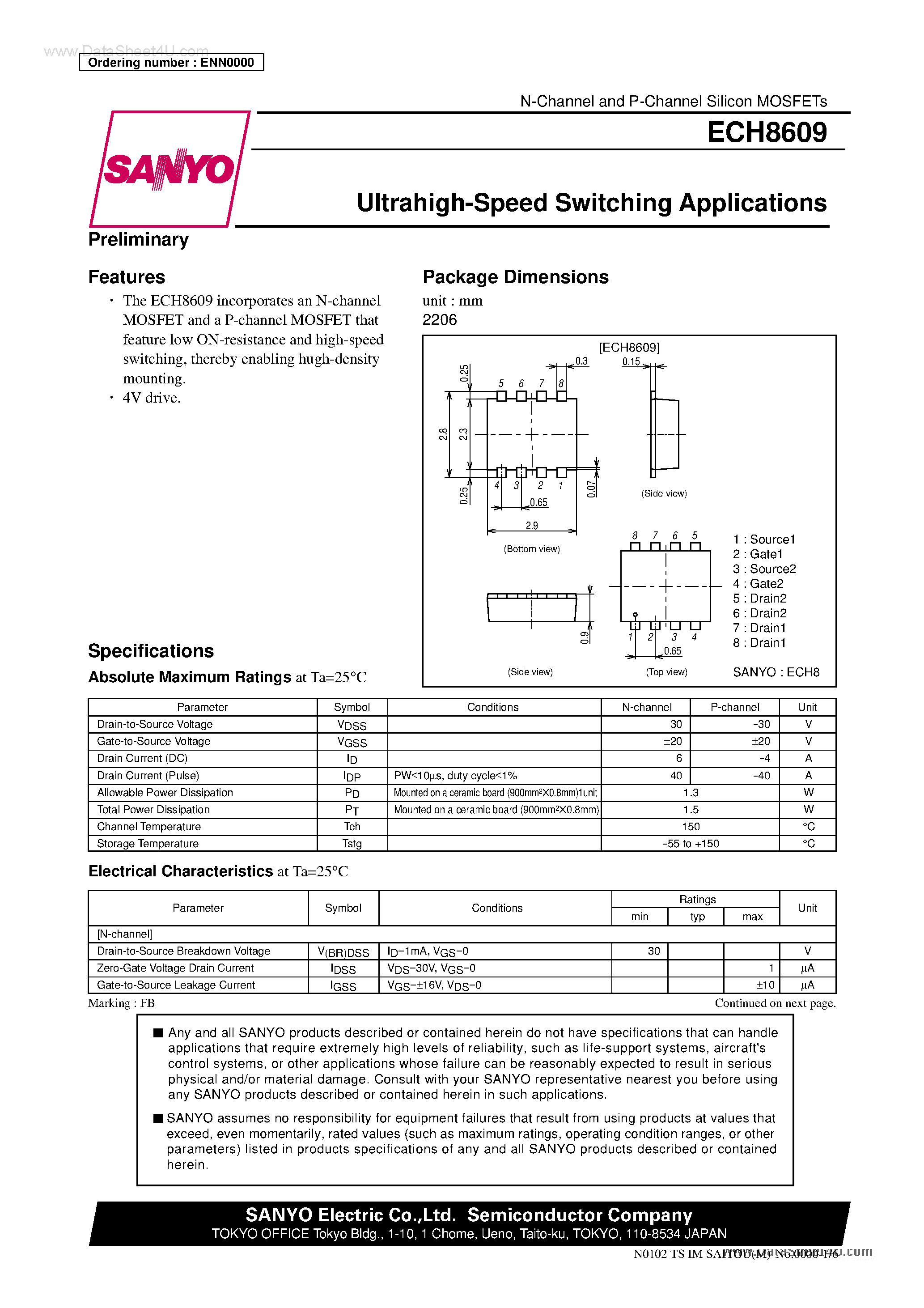 Даташит на микросхему ECH8609 страница 1 Даташит ECH8609 - Ultrahigh-Speed Switching Applications страница 1