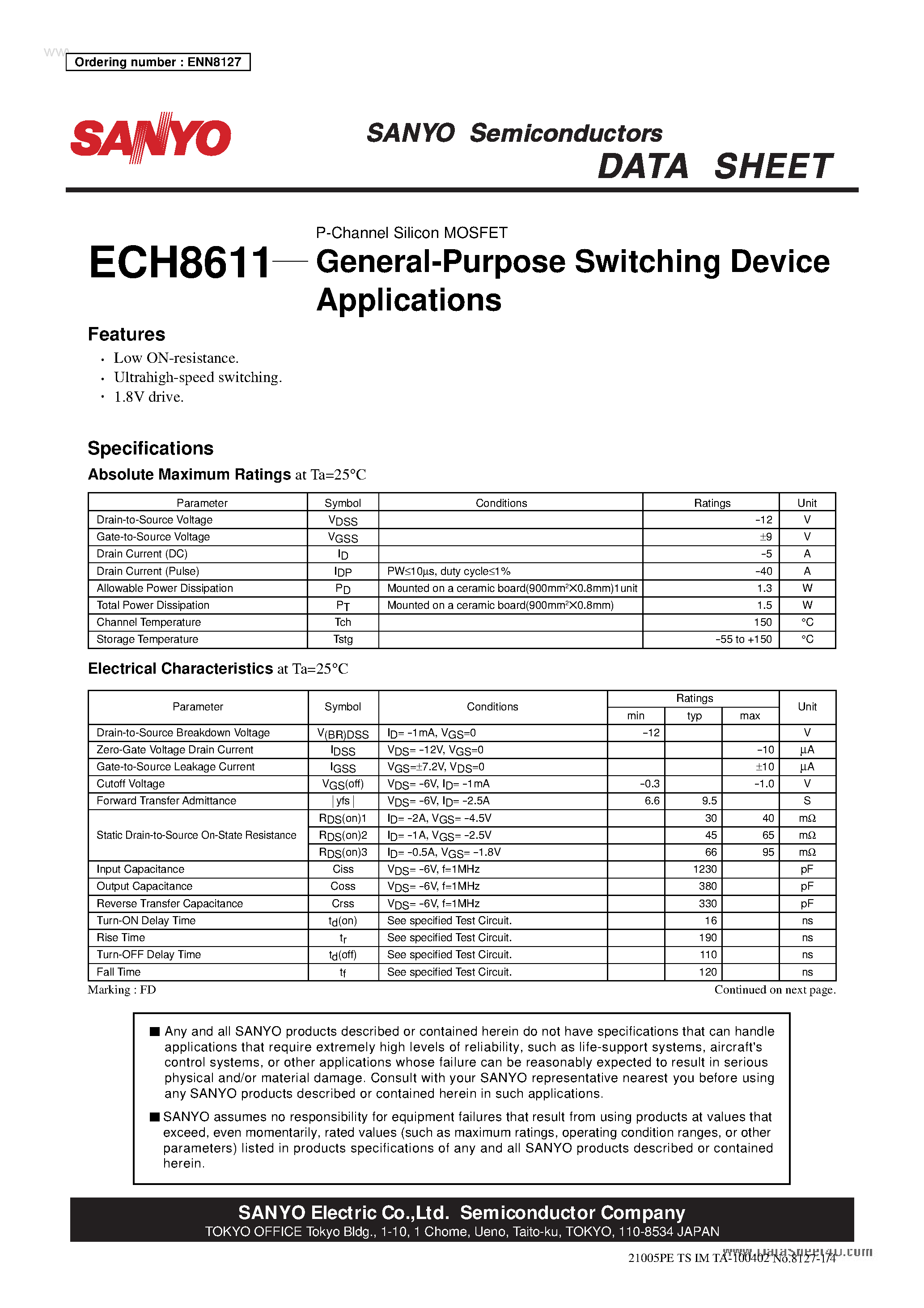 Datasheet ECH8611 - P-Channel Silicon MOSFET page 1