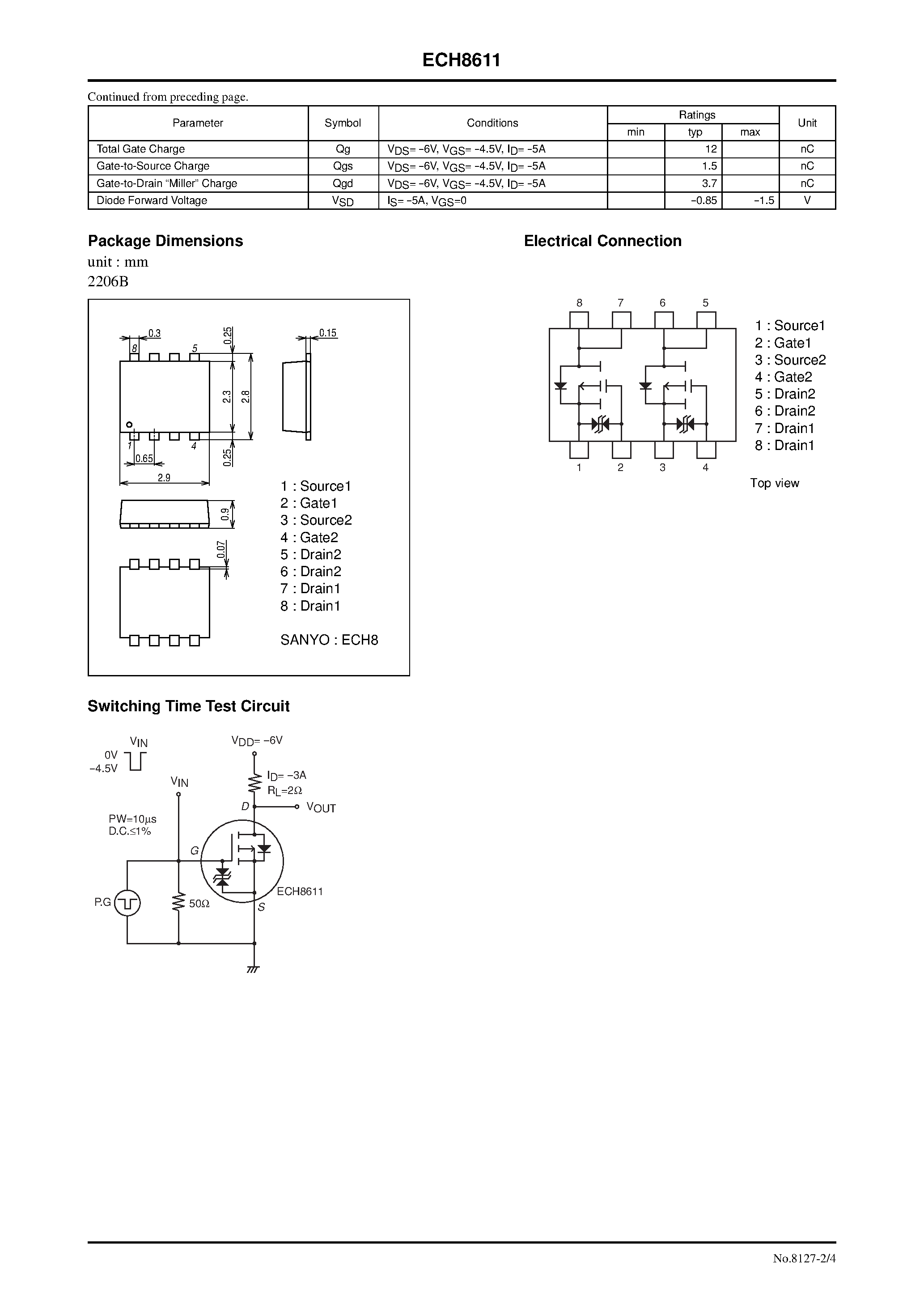 Datasheet ECH8611 - P-Channel Silicon MOSFET page 2