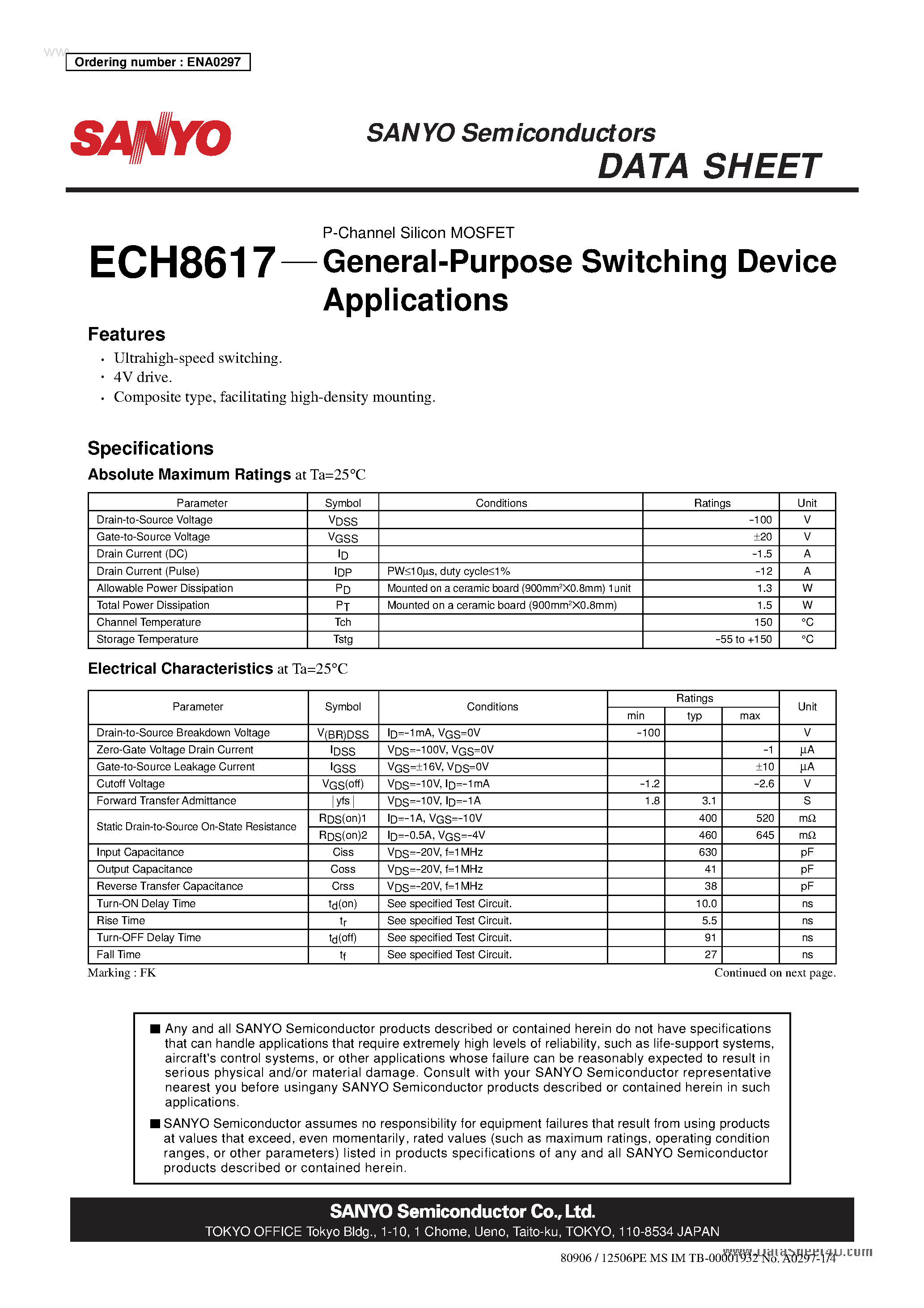 Datasheet ECH8617 - P-Channel Silicon MOSFET page 1