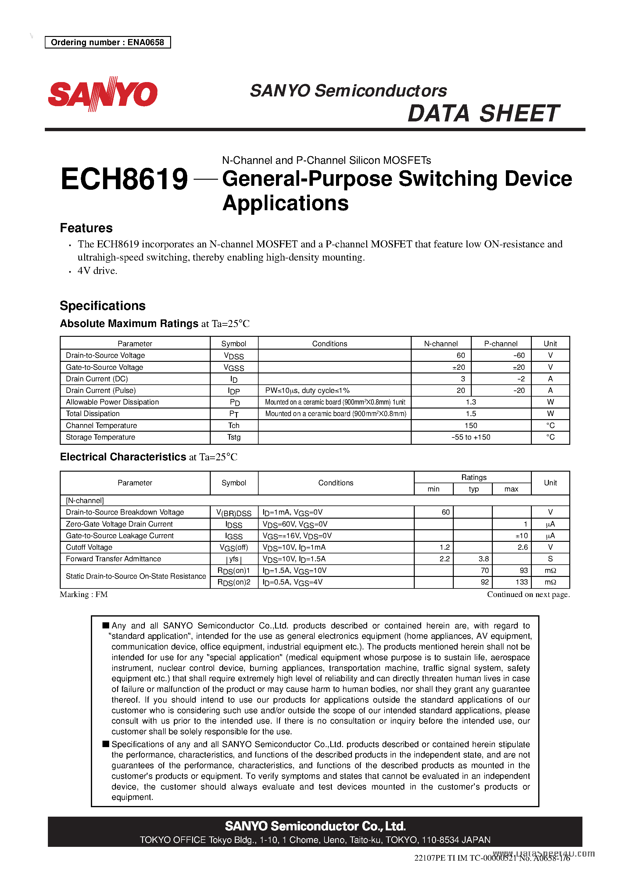 Datasheet ECH8619 - N-Channel and P-Channel Silicon MOSFETs page 1