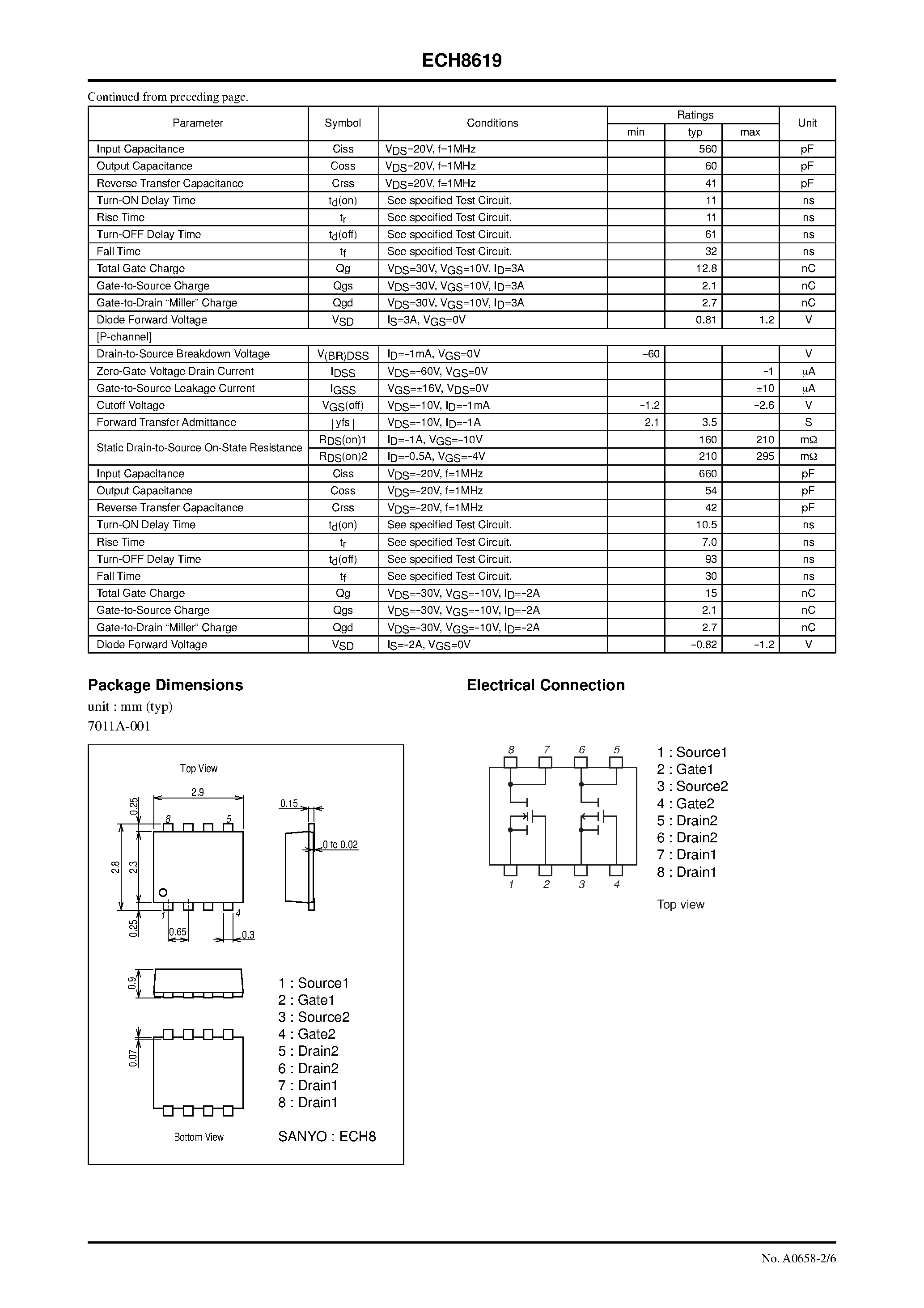 Datasheet ECH8619 - N-Channel and P-Channel Silicon MOSFETs page 2