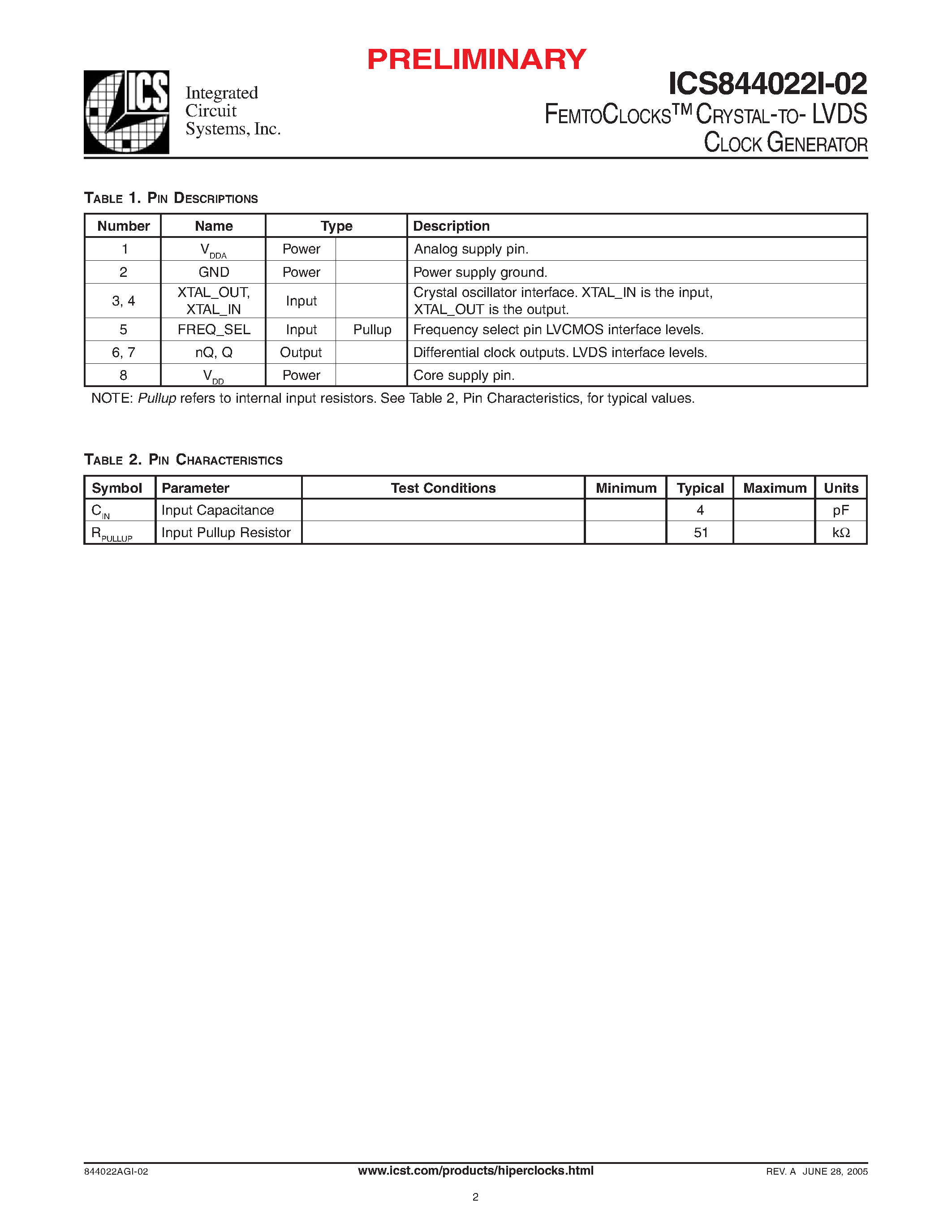Даташит на микросхему ICS844022I-02 страница 2 Даташит ICS844022I-02 - CRYSTAL-TO- LVDS CLOCK GENERATOR страница 2