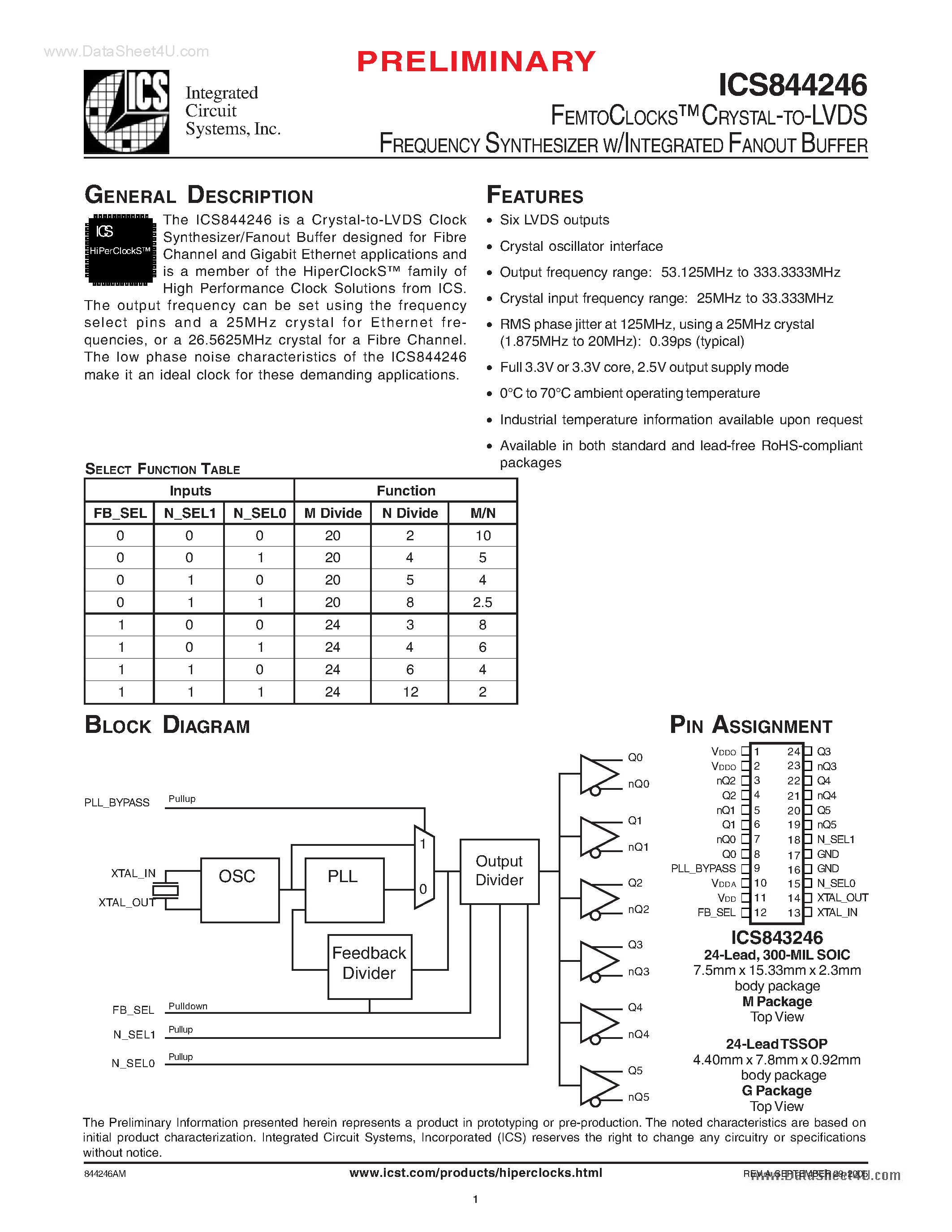 Даташит ICS844246 - CRYSTAL-TO-LVDS FREQUENCY SYNTHESIZER W/INTEGRATED FANOUT BUFFER страница 1