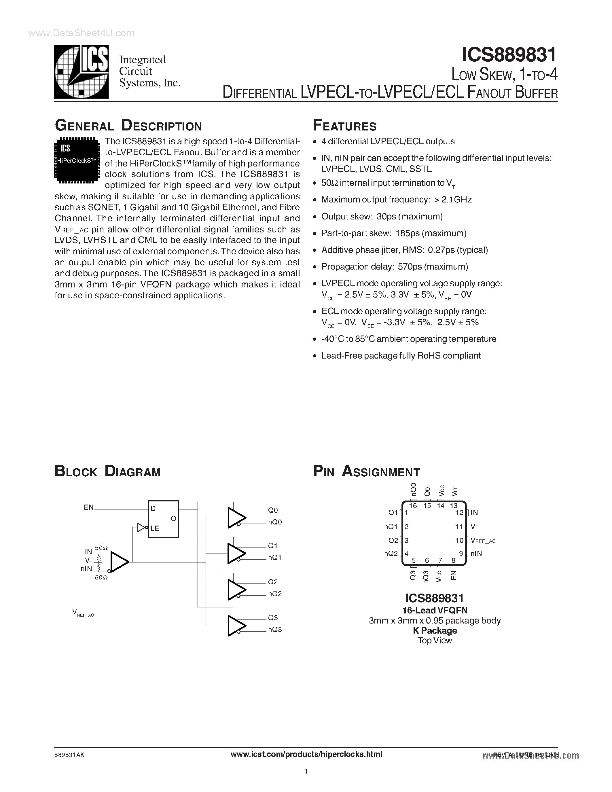 Даташит на микросхему ICS889831 страница 1 Даташит ICS889831 - 1-TO-4 DIFFERENTIAL LVPECL-TO-LVPECL/ECL FANOUT BUFFER страница 1