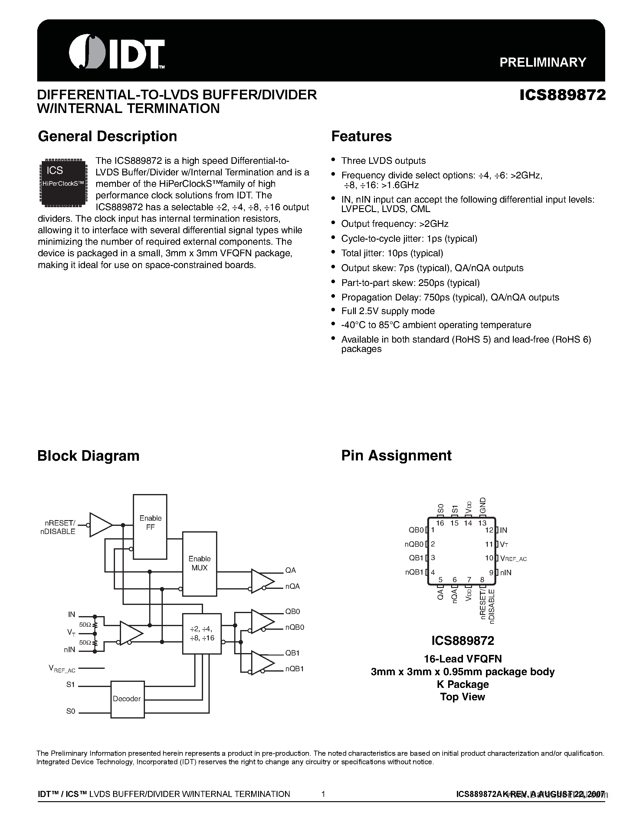 Datasheet ICS889872 - DIFFERENTIAL-TO-LVDS BUFFER/DIVIDER W/INTERNAL TERMINATION page 1