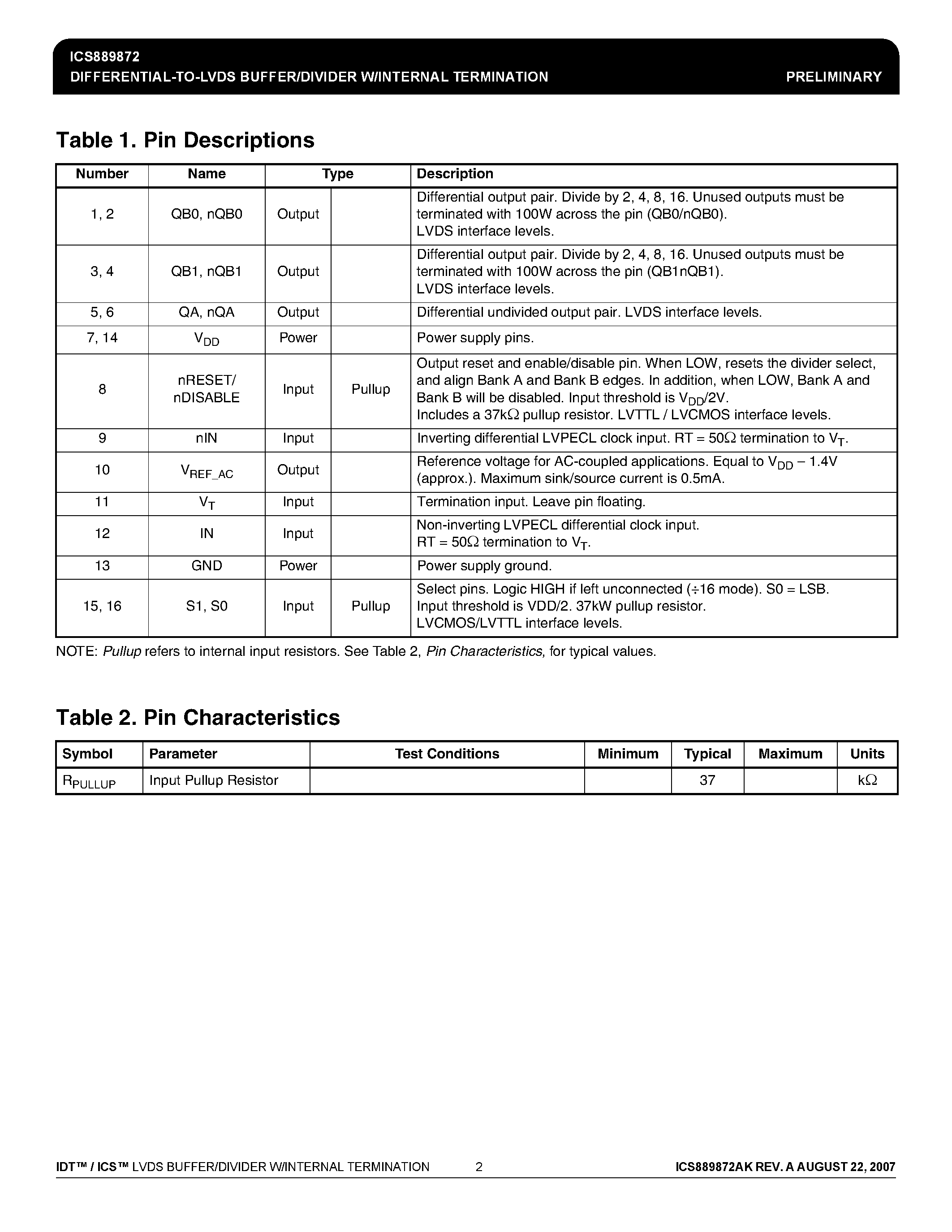 Datasheet ICS889872 - DIFFERENTIAL-TO-LVDS BUFFER/DIVIDER W/INTERNAL TERMINATION page 2