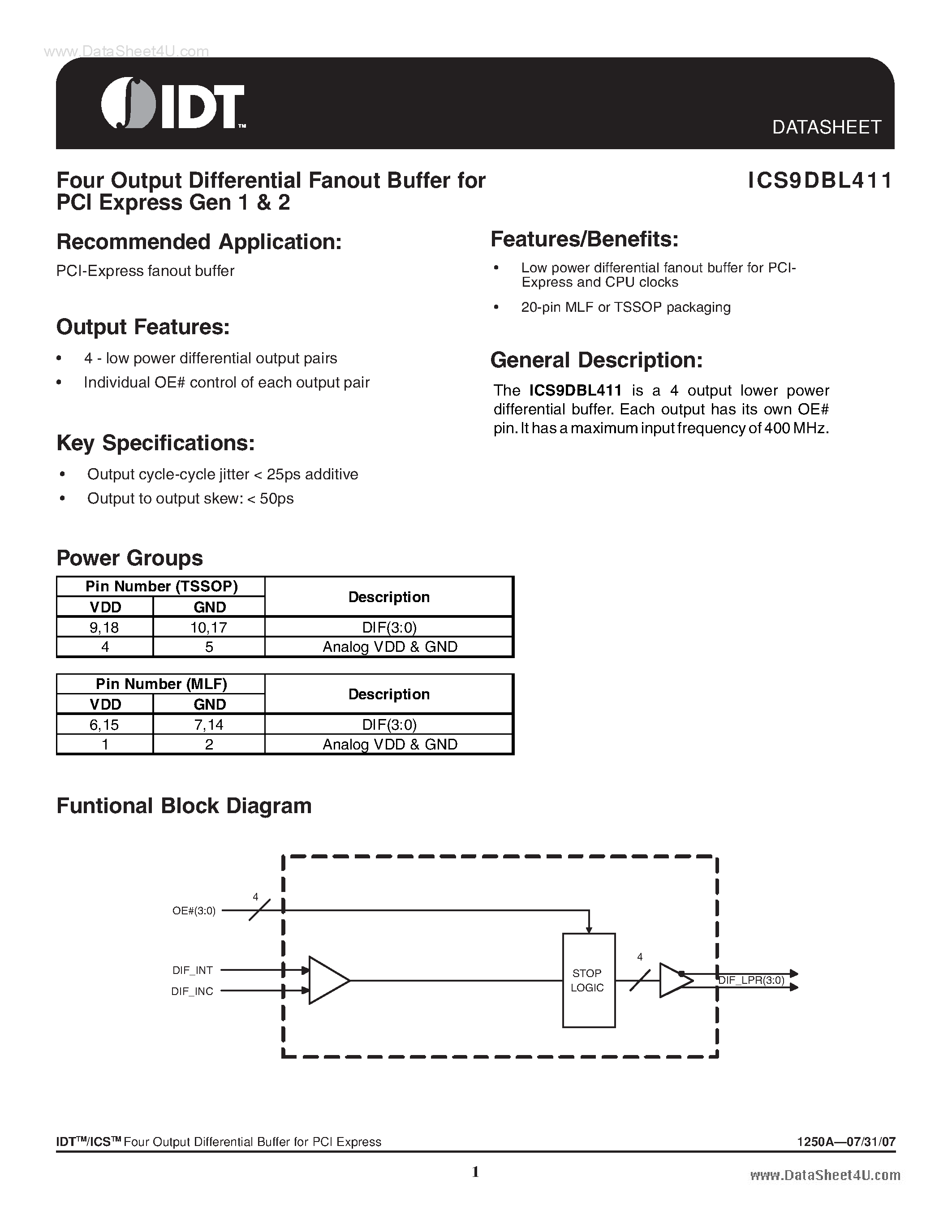 Datasheet ICS9DBL411 - Four Output Differential Fanout Buffer page 1
