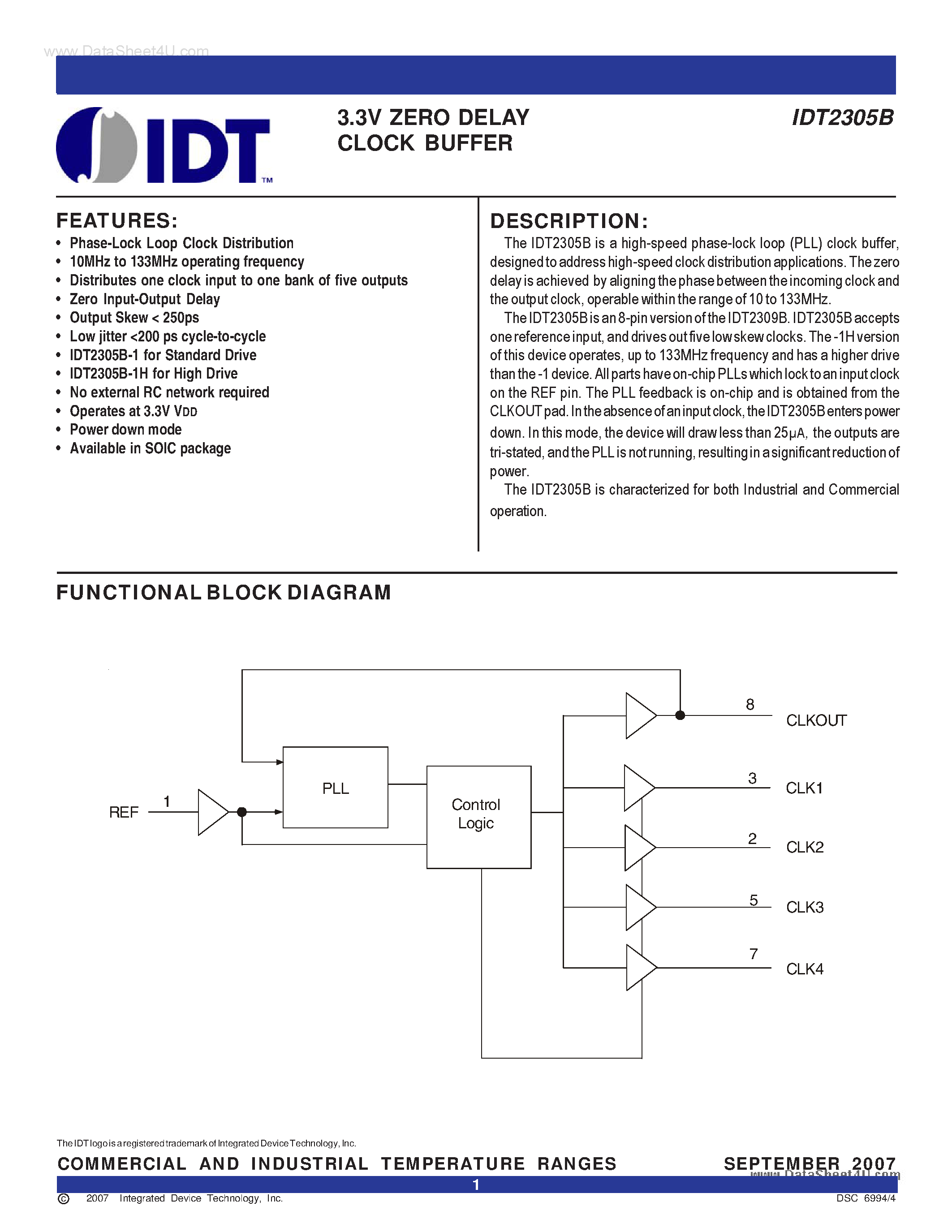 Даташит IDT2305B - 3.3V ZERO DELAY CLOCK BUFFER страница 1