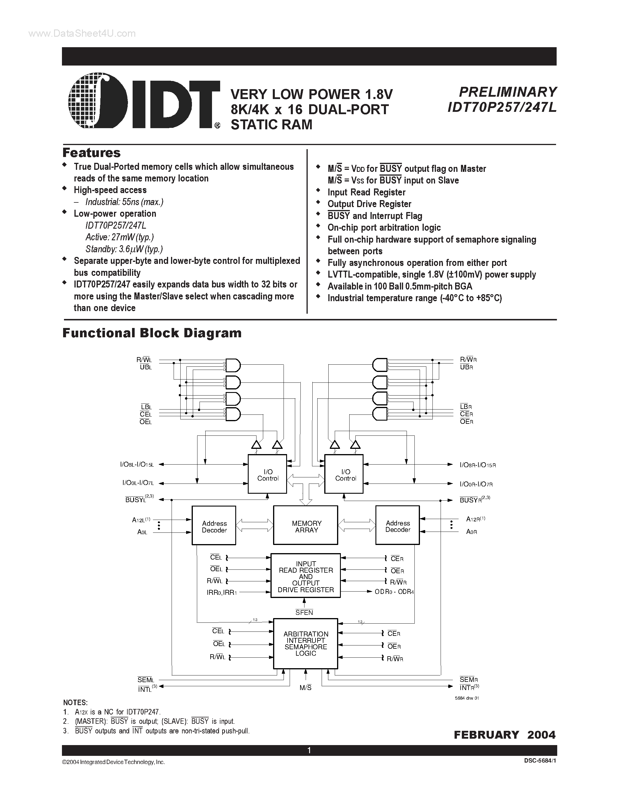 Даташит на микросхему IDT70P247L страница 1 Даташит IDT70P247L - (IDT70P247L / IDT70P257) VERY LOW POWER 1.8V 8K/4K x 16 DUAL-PORT STATIC RAM страница 1