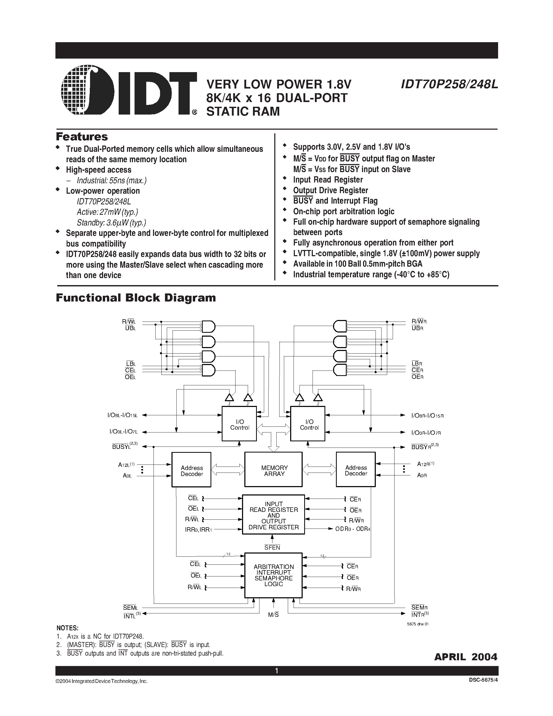 Даташит на микросхему IDT70P248 страница 1 Даташит IDT70P248 - (IDT70P248 / IDT70P258) VERY LOW POWER 1.8V 8K/4K x 16 DUAL-PORT STATIC RAM страница 1