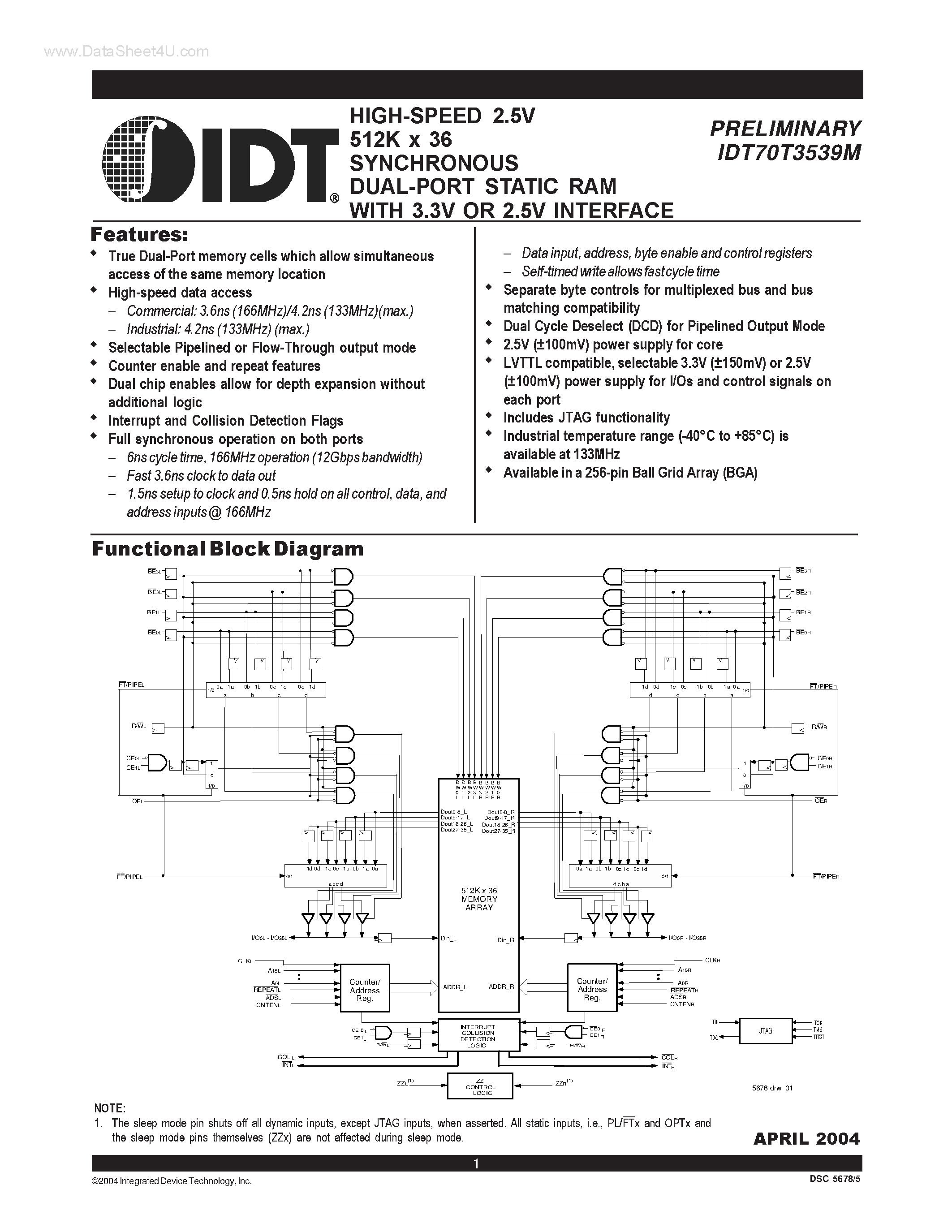 Datasheet IDT70T3539M page 1 Datasheet IDT70T3539M - HIGH-SPEED 2.5V 512K x 36 SYNCHRONOUS DUAL-PORT STATIC RAM page 1
