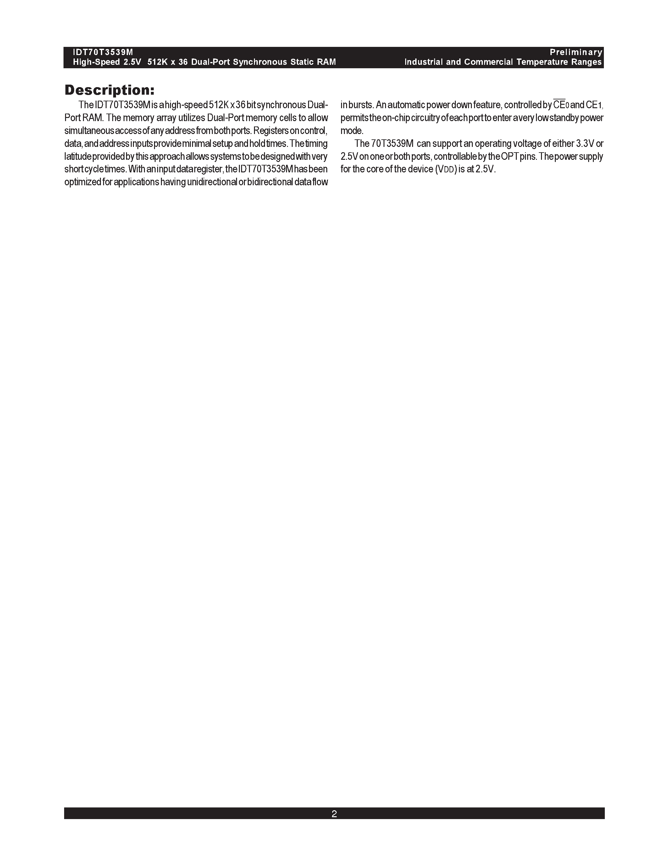 Datasheet IDT70T3539M page 2 Datasheet IDT70T3539M - HIGH-SPEED 2.5V 512K x 36 SYNCHRONOUS DUAL-PORT STATIC RAM page 2
