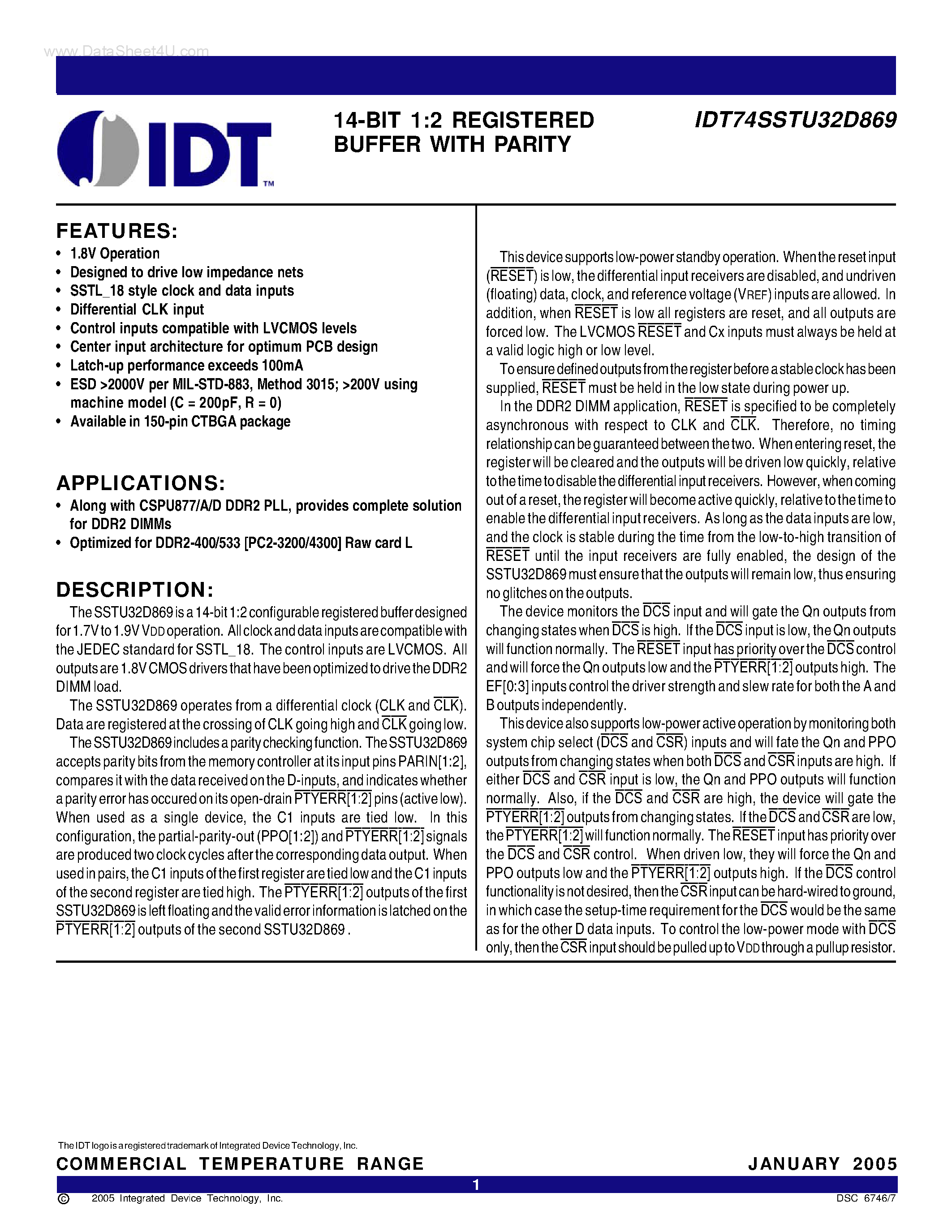 Datasheet IDT74SSTU32D869 - 14-BIT 1:2 REGISTERED BUFFER page 1