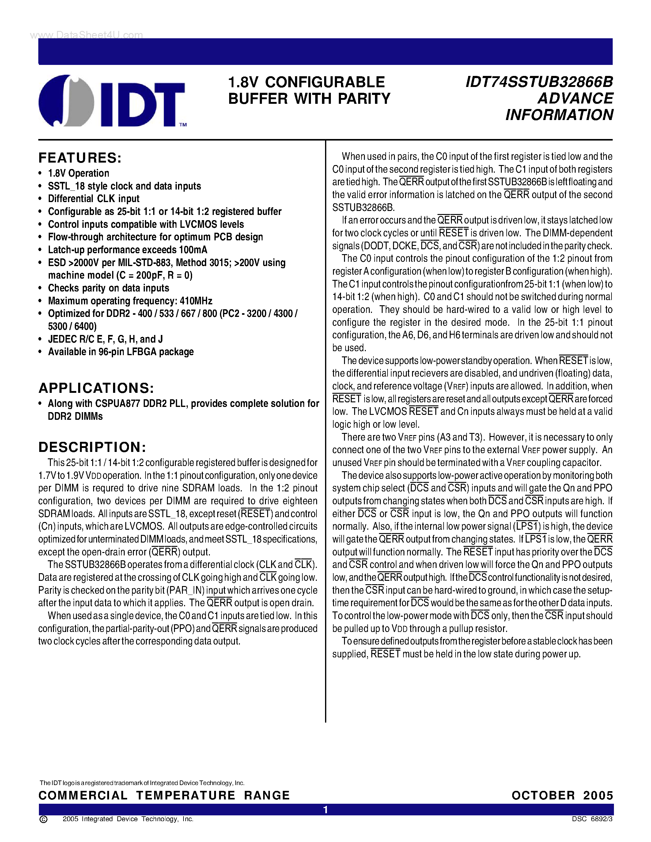 Даташит на микросхему IDT74SSTUB32866B страница 1 Даташит IDT74SSTUB32866B - 1.8V CONFIGURABLE BUFFER страница 1