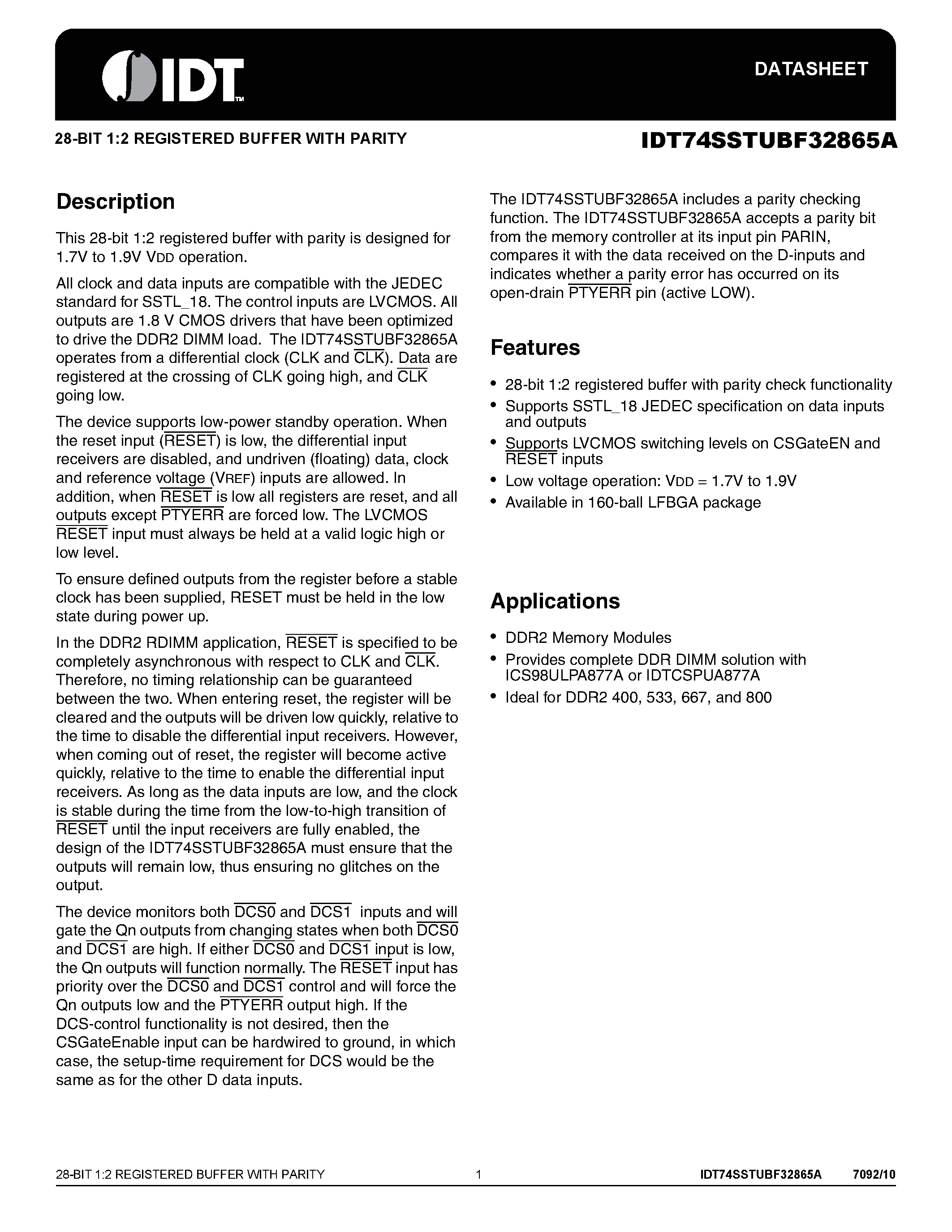 Datasheet IDT74SSTUBF32865A - 28-BIT 1:2 REGISTERED BUFFER page 1