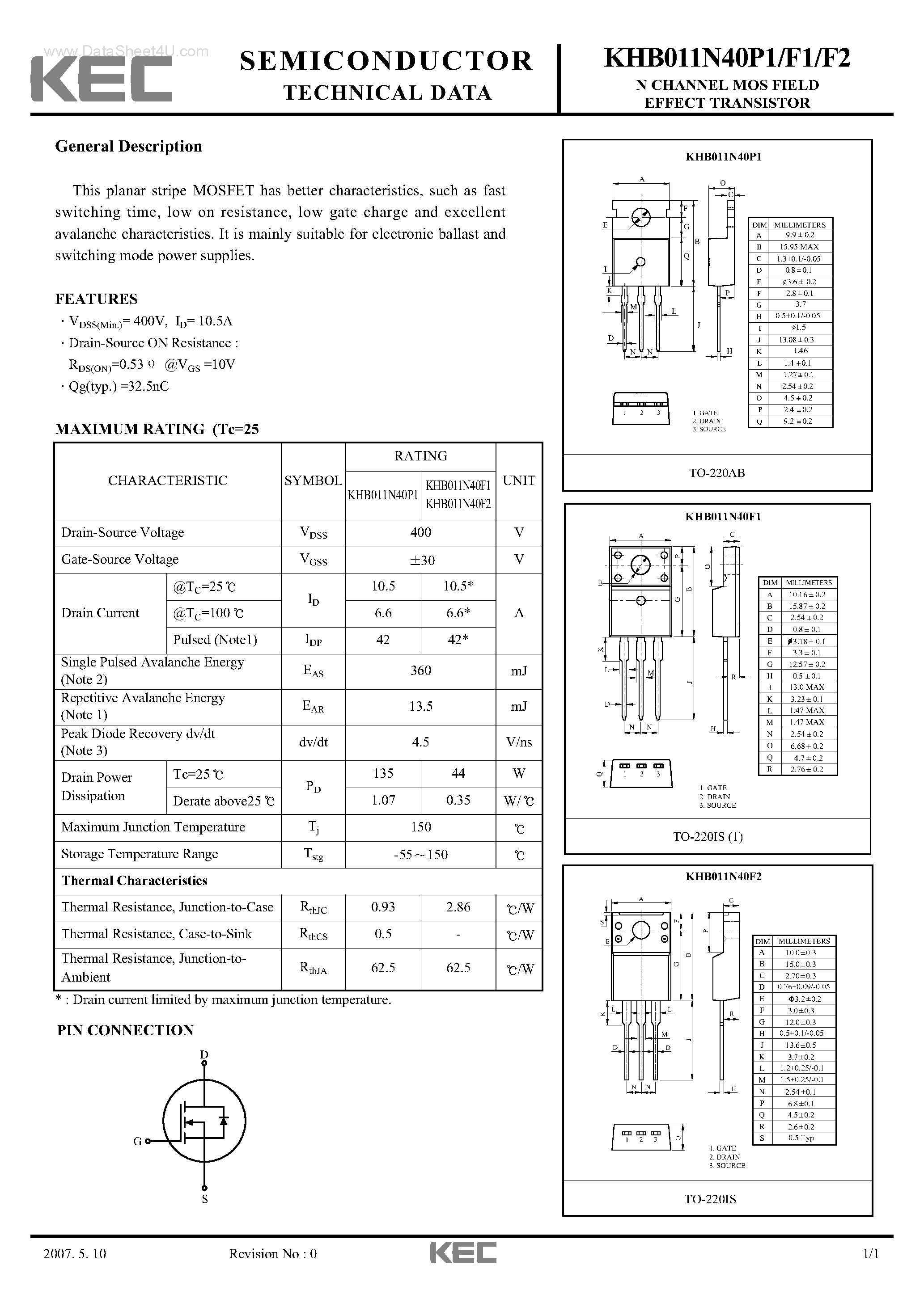 Datasheet KHB011N40F2 - N CHANNEL MOS FIELD EFFECT TRANSISTOR page 1