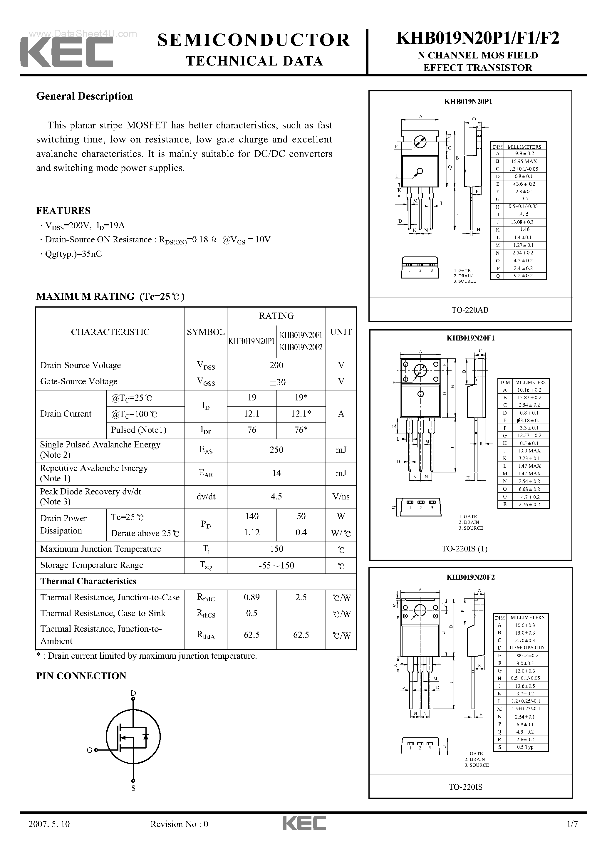 Datasheet KHB019N20F2 - N CHANNEL MOS FIELD EFFECT TRANSISTOR page 1