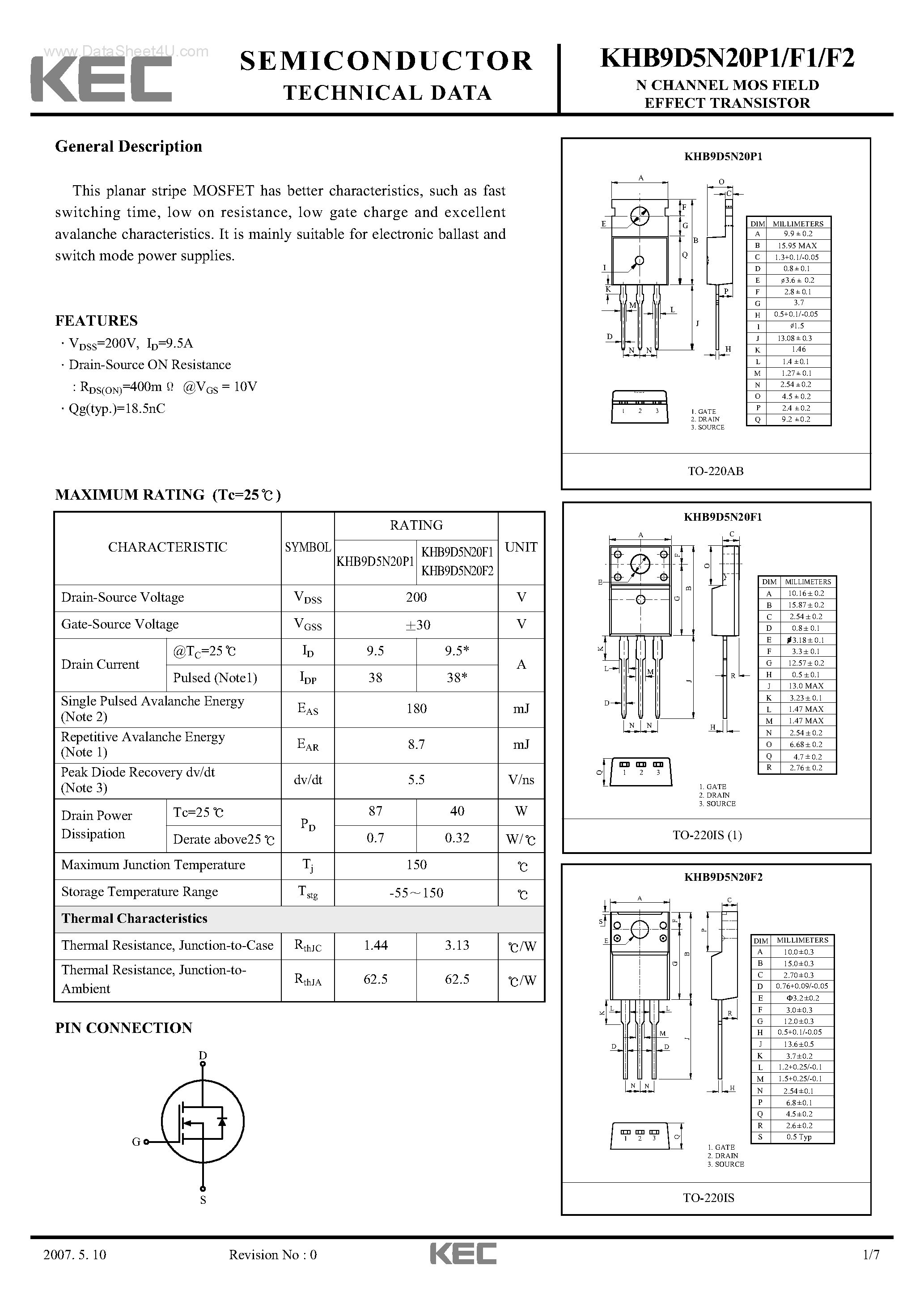 Datasheet KHB9D5N20F1 - (KHB9D5N20F1/F2/P1) N CHANNEL MOS FIELD EFFECT TRANSISTOR page 1
