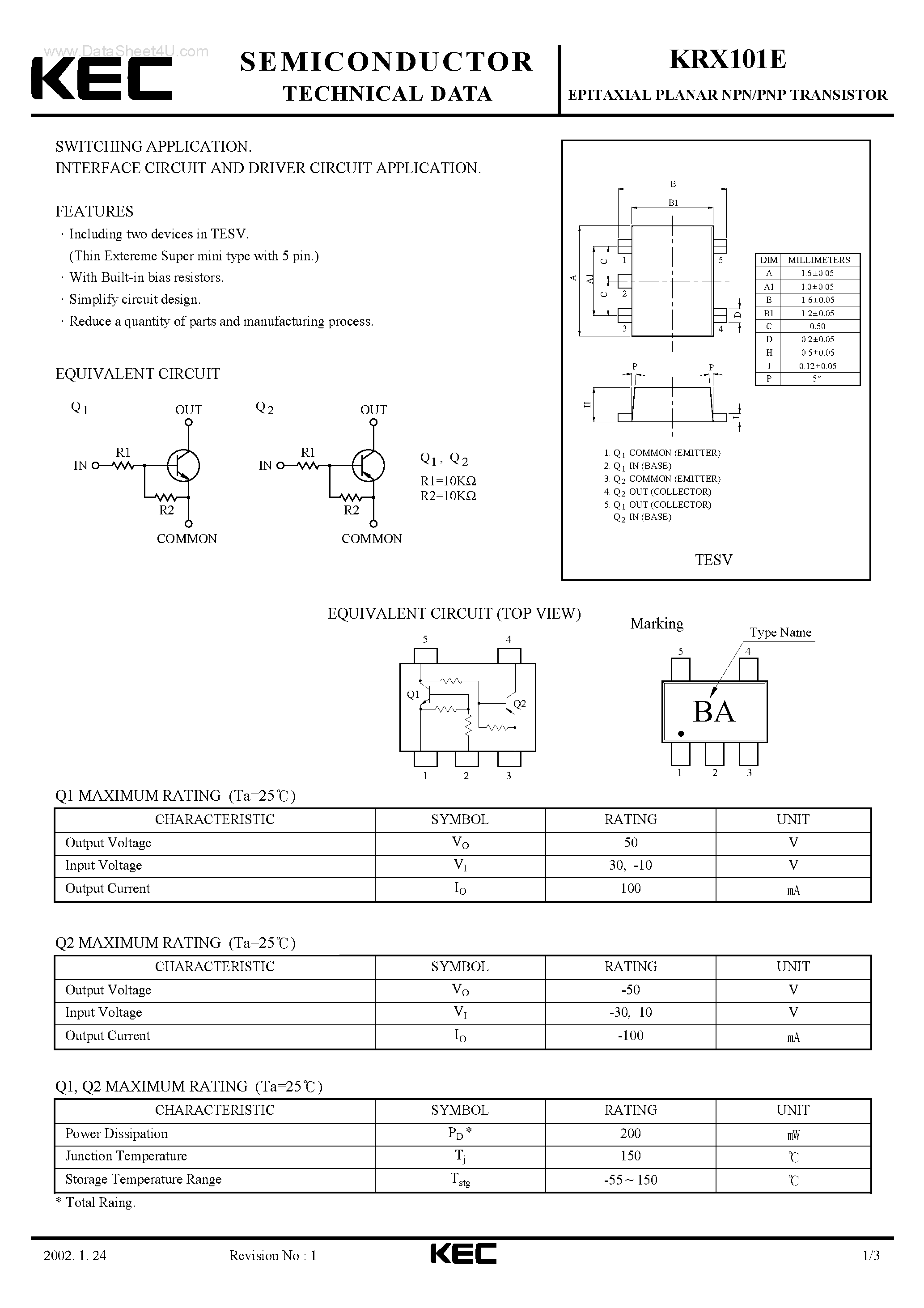 Datasheet KRX101E - EPITAXIAL PLANAR PNP/NPN TRANSISTOR page 1