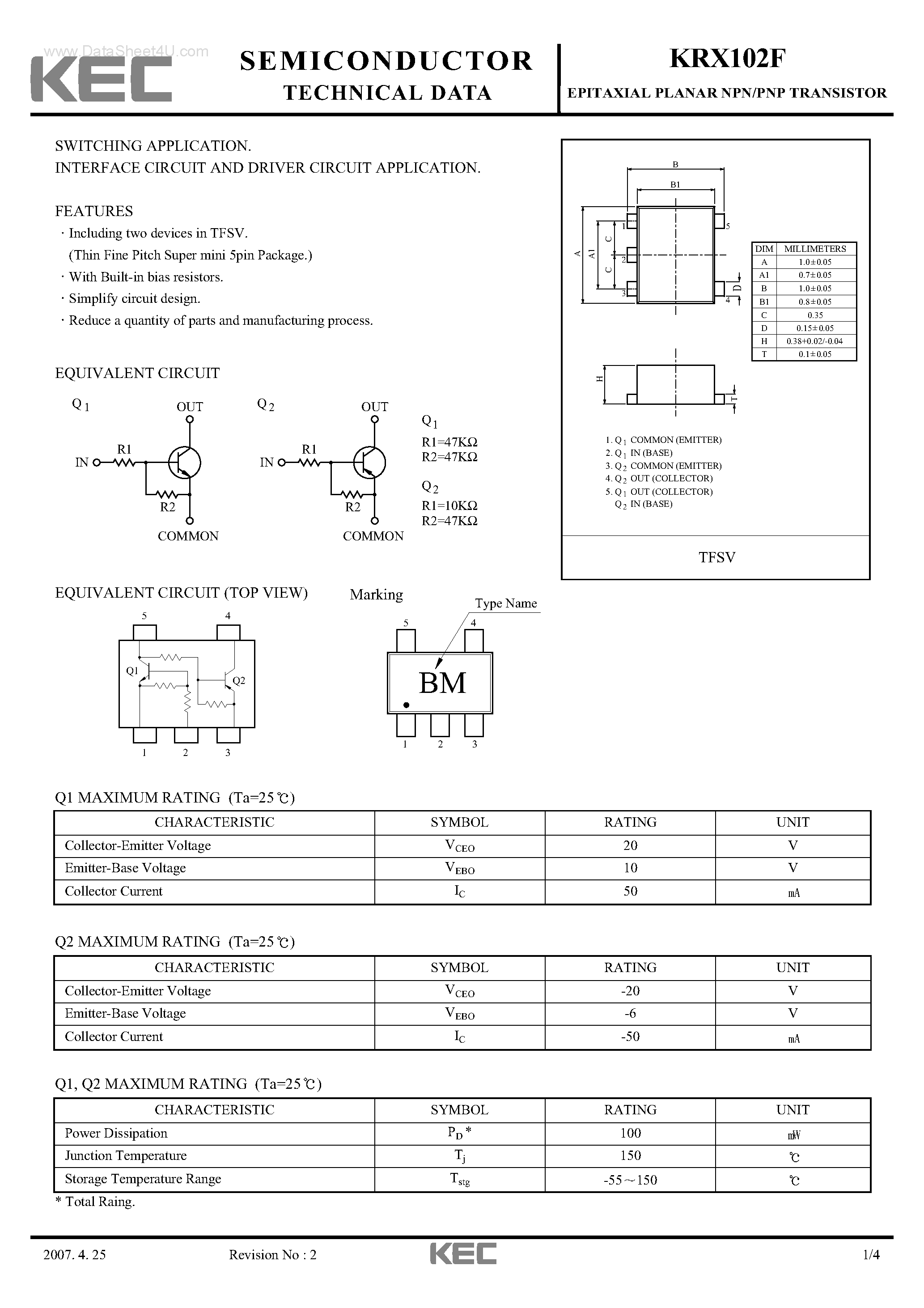 Datasheet KRX102F - EPITAXIAL PLANAR PNP/NPN TRANSISTOR page 1