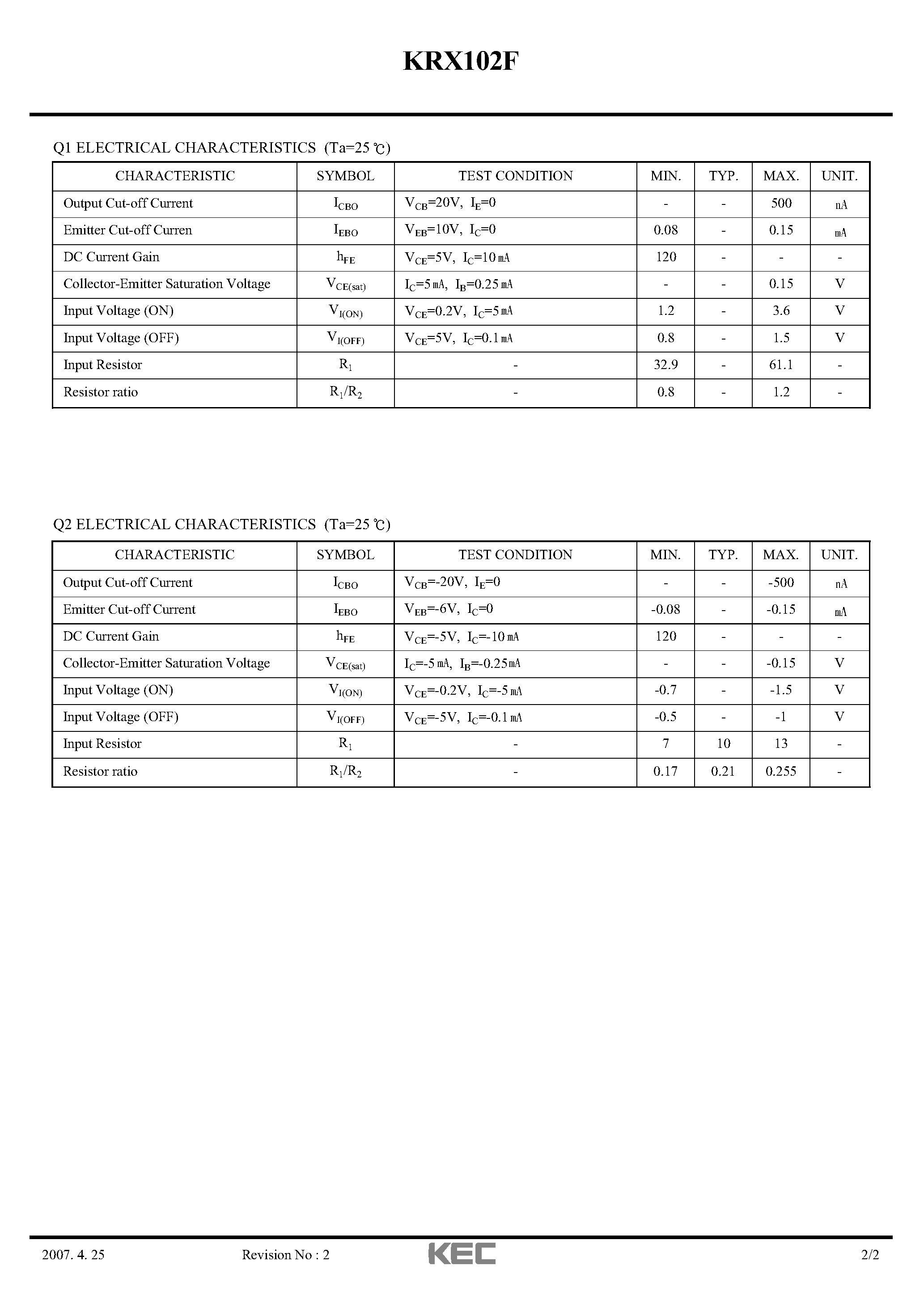Datasheet KRX102F - EPITAXIAL PLANAR PNP/NPN TRANSISTOR page 2