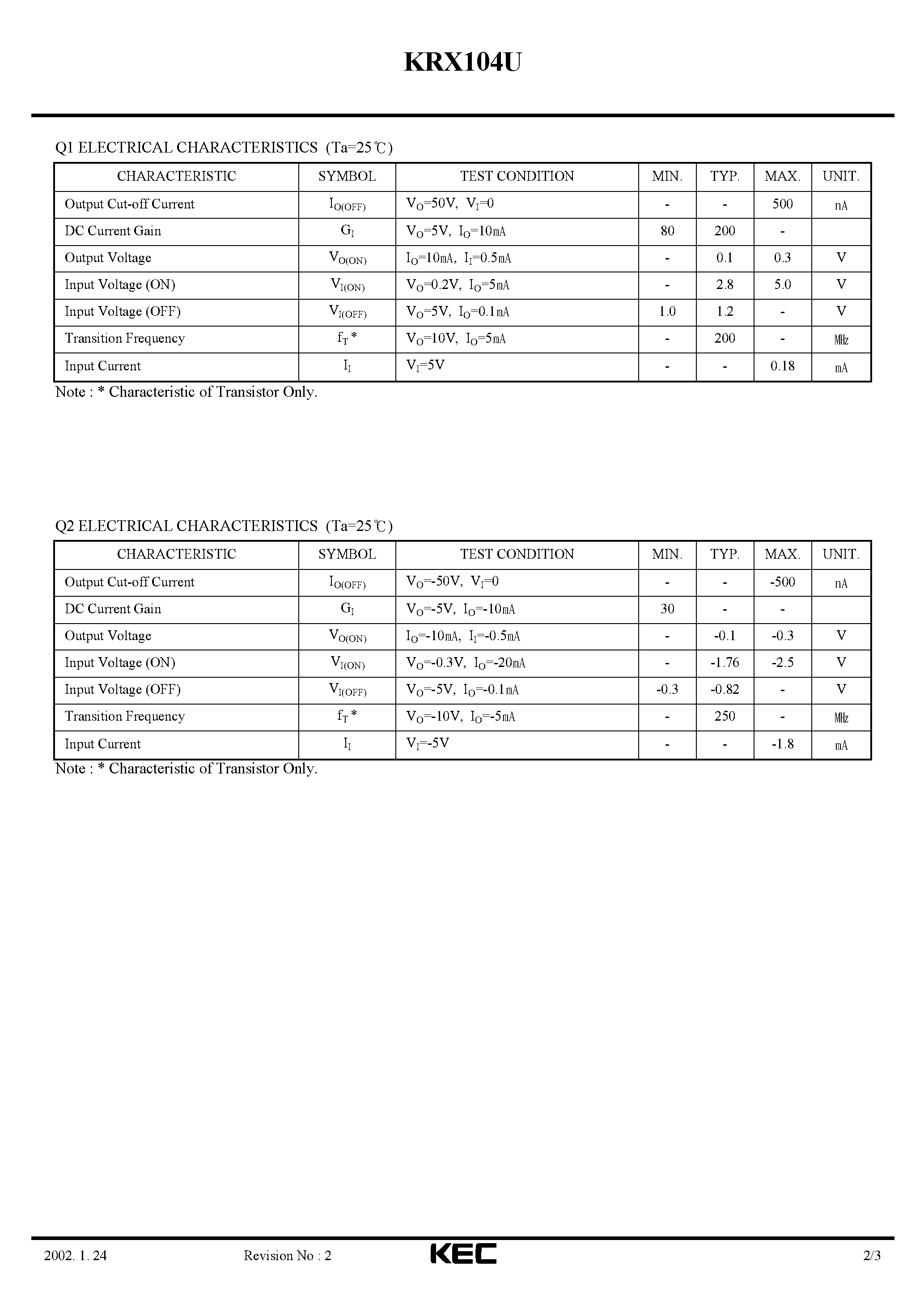 Даташит на микросхему KRX104U страница 2 Даташит KRX104U - EPITAXIAL PLANAR PNP/NPN TRANSISTOR страница 2