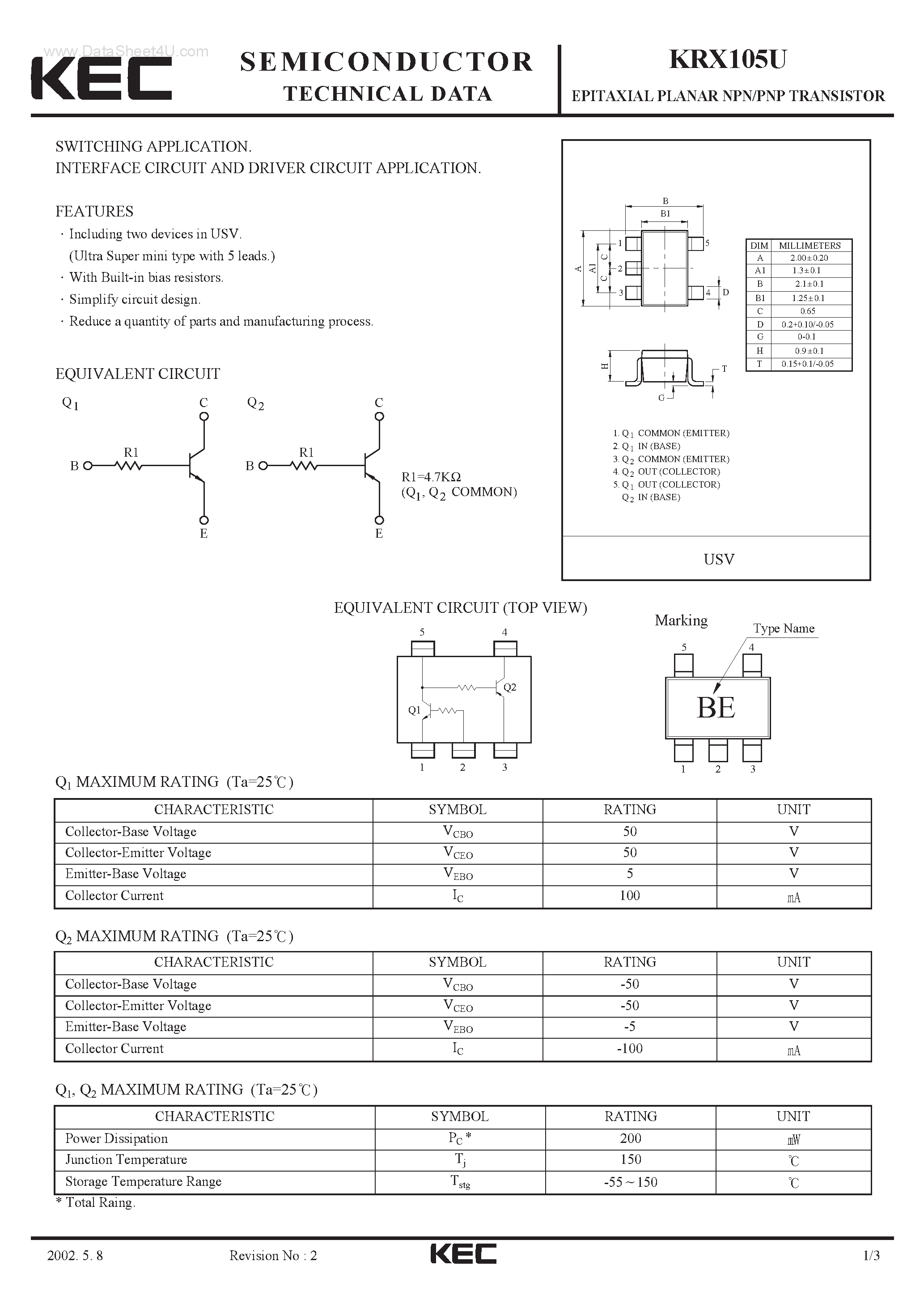 Даташит на микросхему KRX105U страница 1 Даташит KRX105U - EPITAXIAL PLANAR PNP/NPN TRANSISTOR страница 1