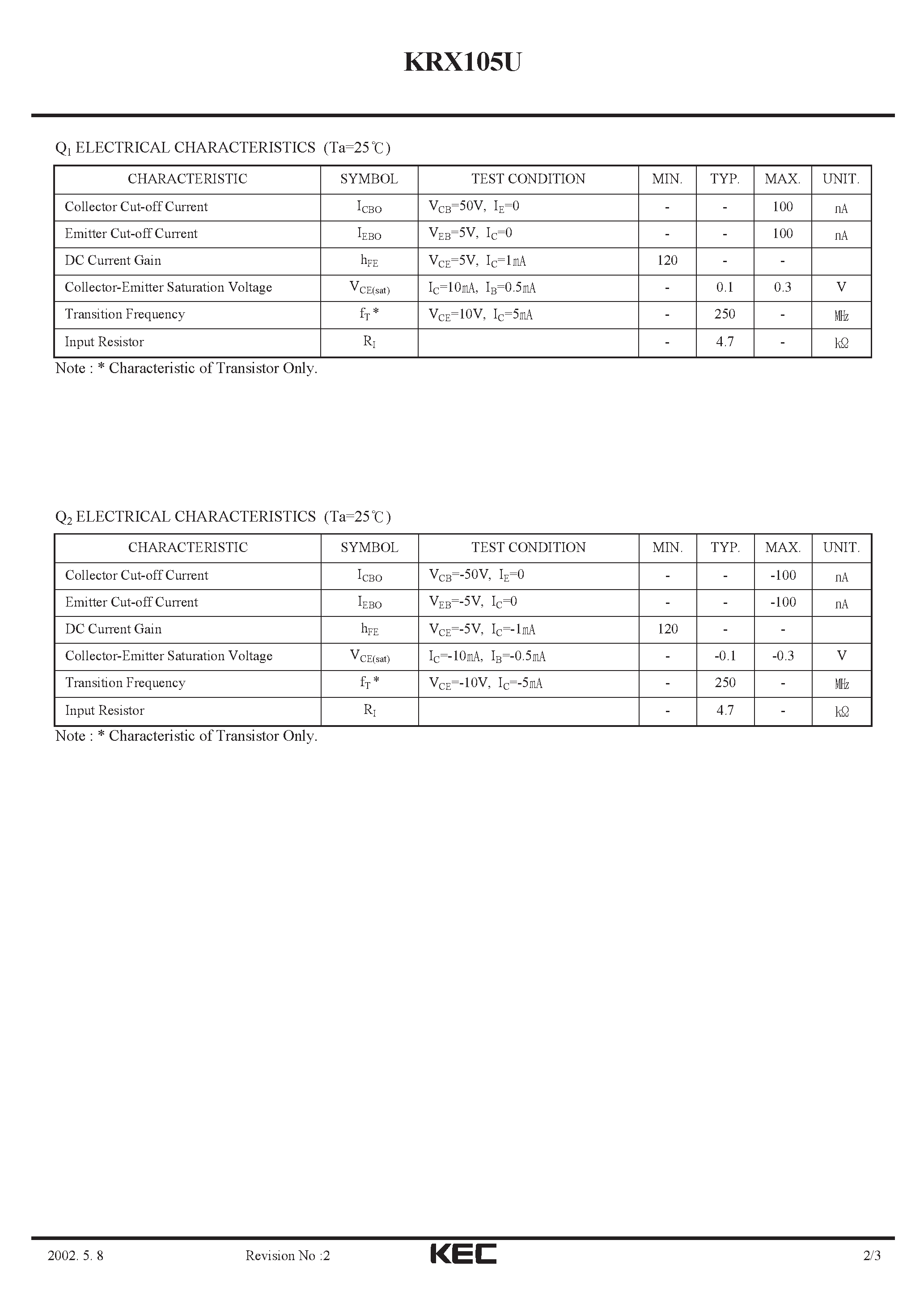 Даташит на микросхему KRX105U страница 2 Даташит KRX105U - EPITAXIAL PLANAR PNP/NPN TRANSISTOR страница 2