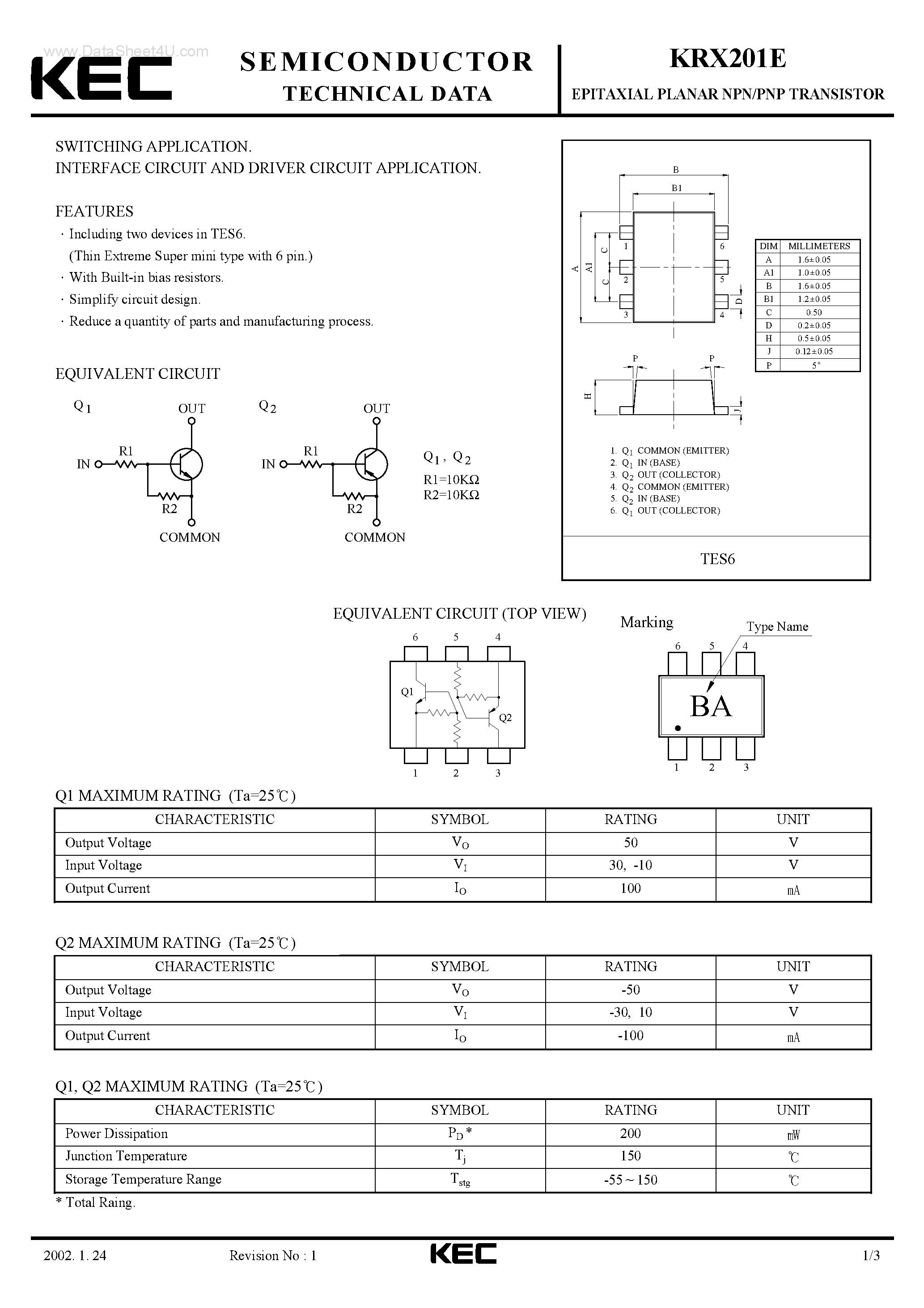 Даташит на микросхему KRX201E страница 1 Даташит KRX201E - EPITAXIAL PLANAR PNP/NPN TRANSISTOR страница 1