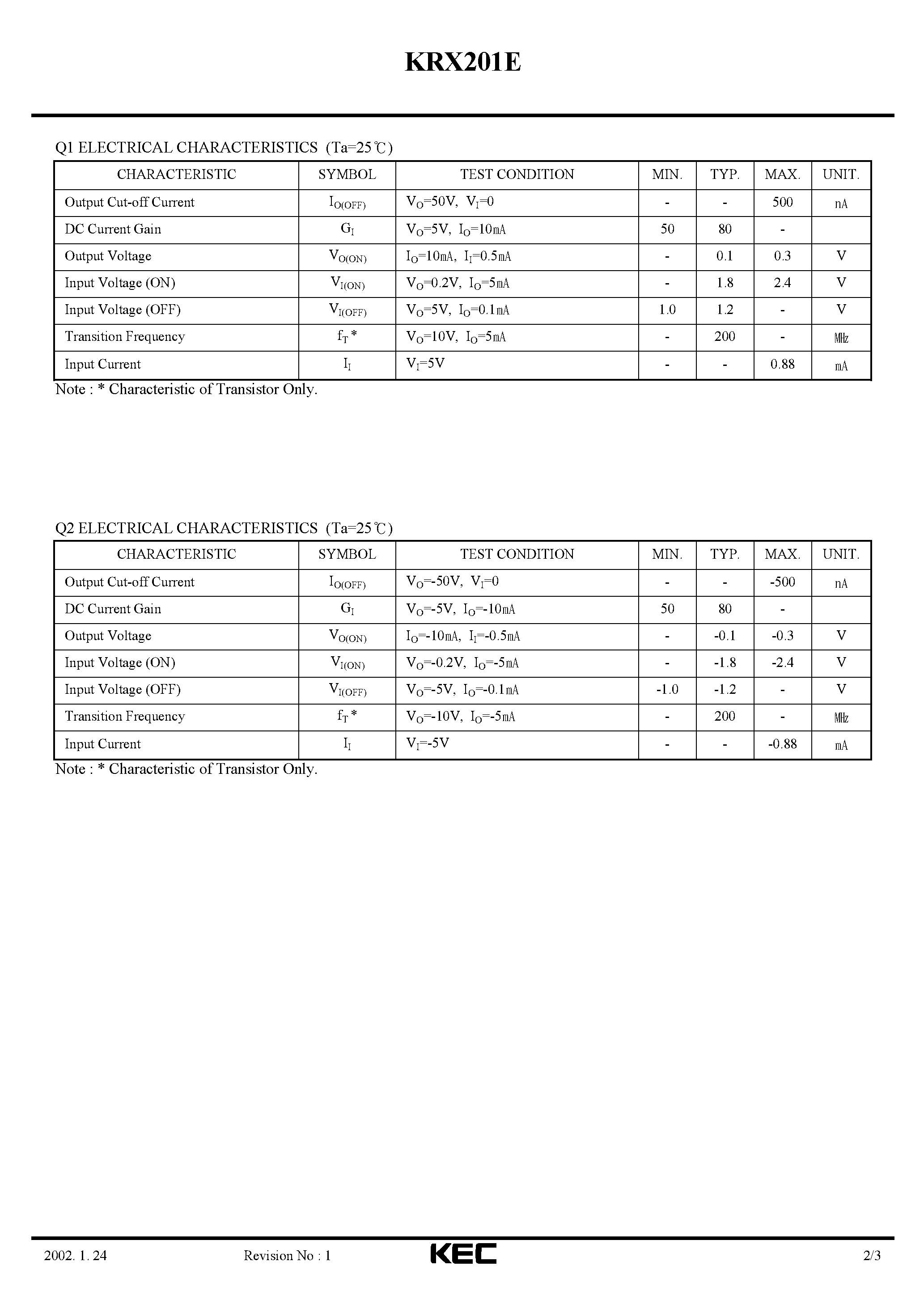 Даташит на микросхему KRX201E страница 2 Даташит KRX201E - EPITAXIAL PLANAR PNP/NPN TRANSISTOR страница 2